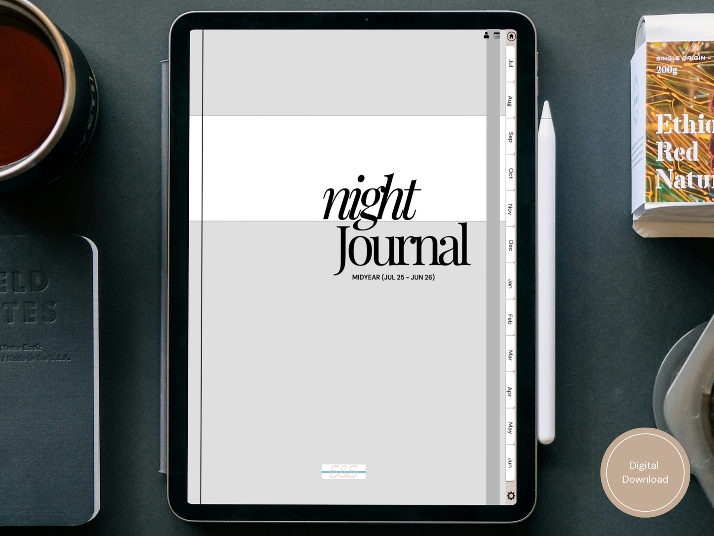 An aesthetic digital night journal for iPad shown on a cozy bedside table—perfect for winding down with your thoughts.