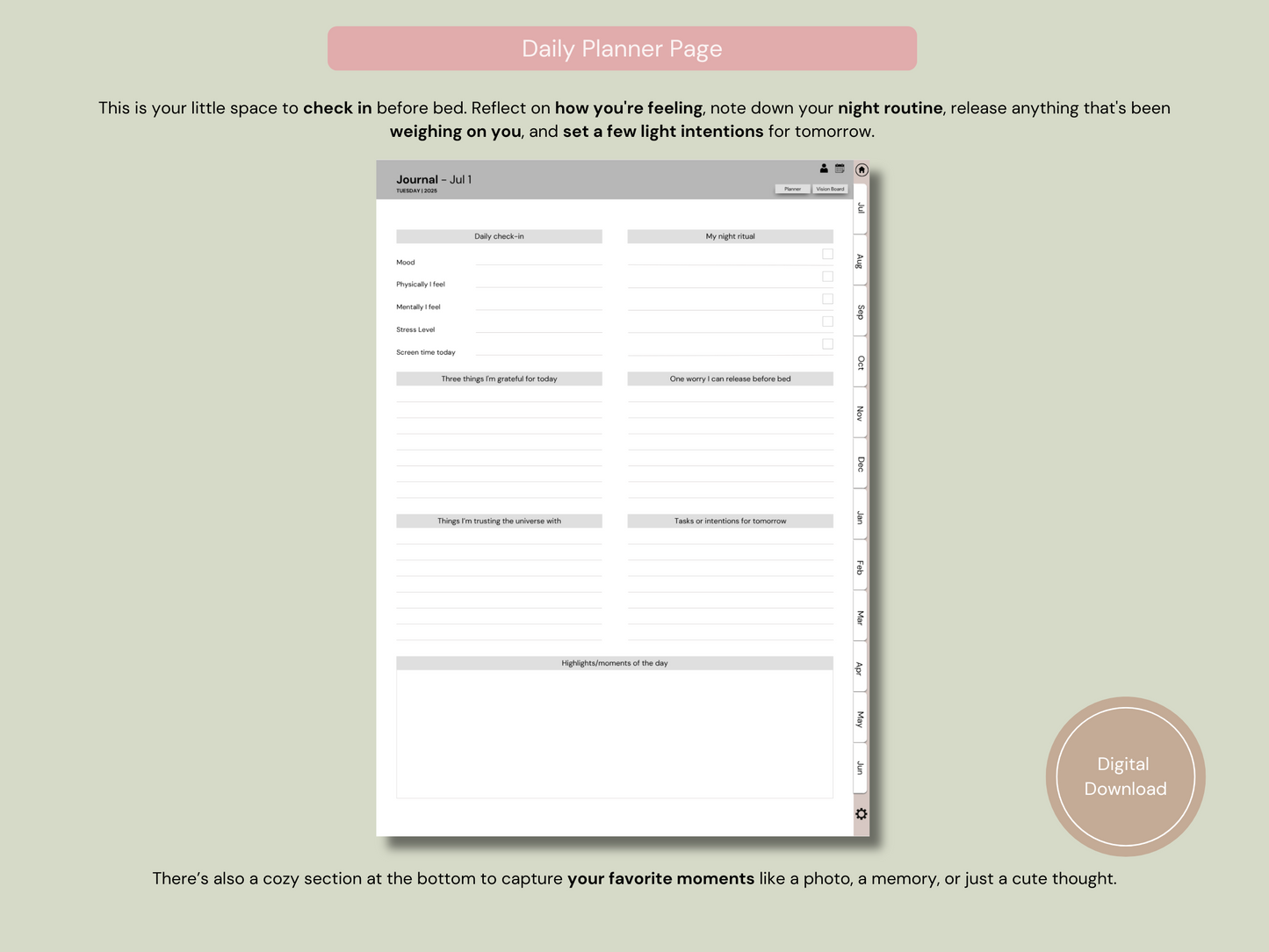 Daily page highlighting monthly hyperlinks—quickly access your monthly overview or vision board from any day.