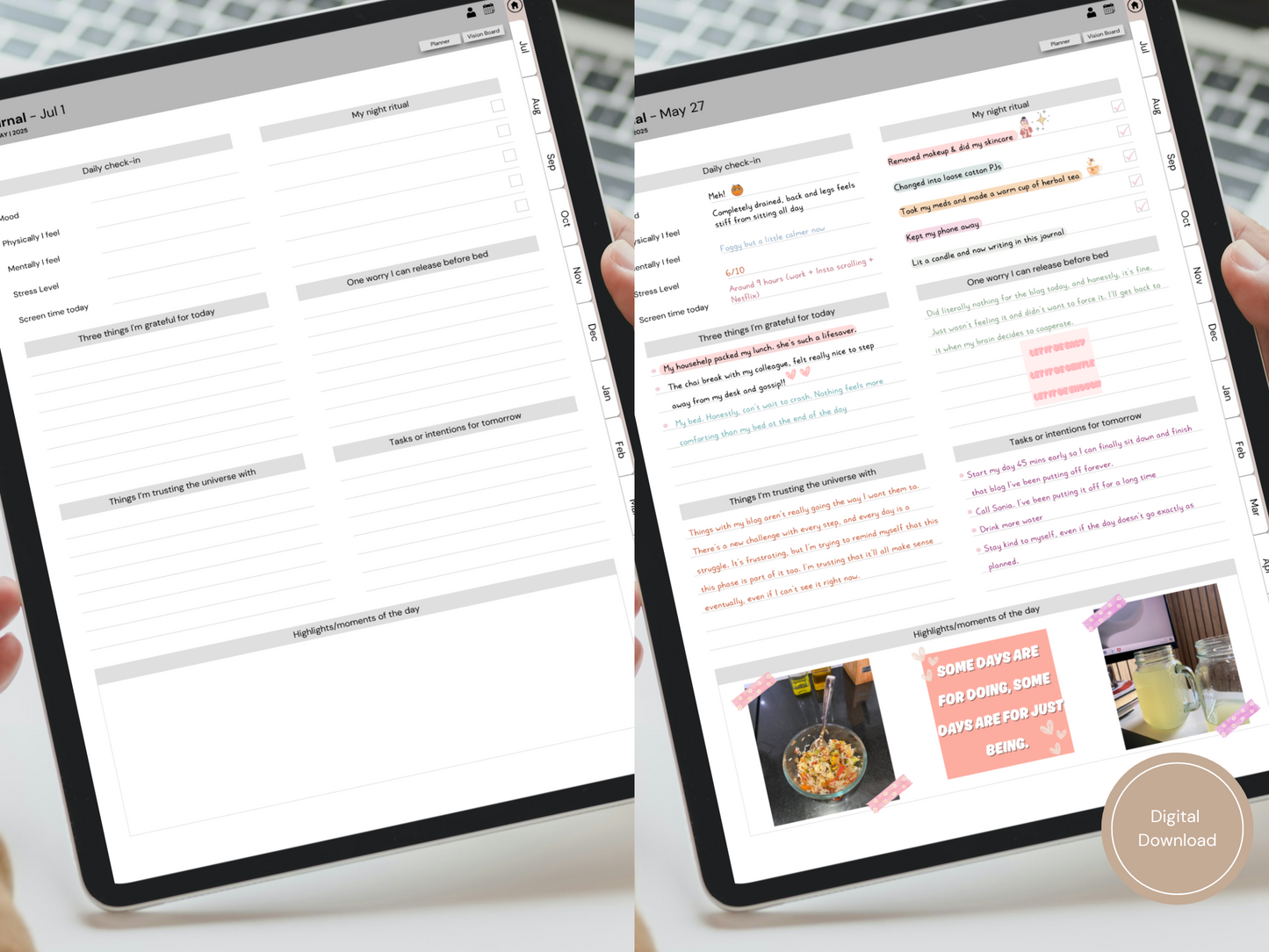Hyperlinked digital night journal displayed on iPad with a cup of tea—ideal for your nighttime journaling ritual.