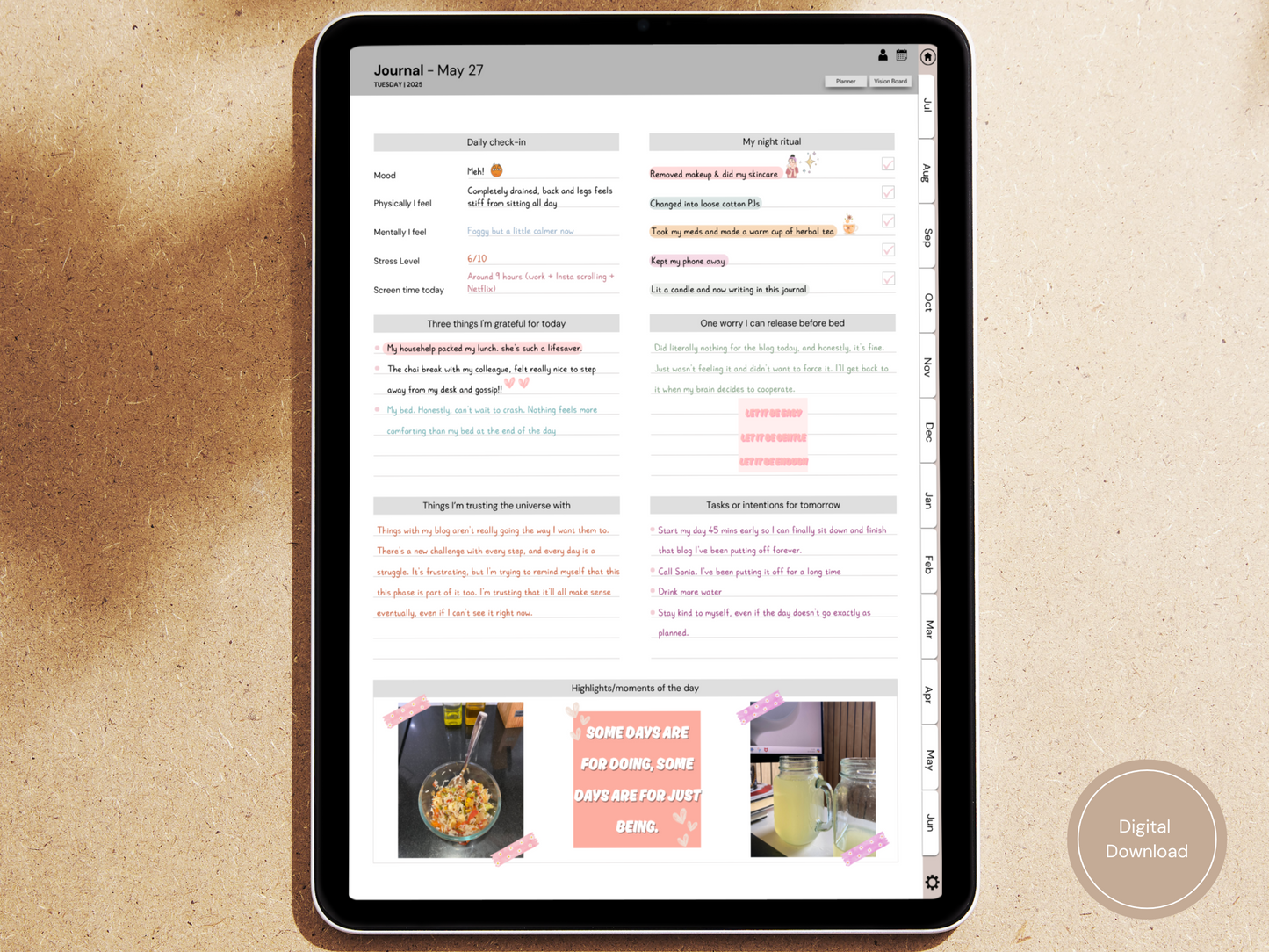 An iPad Night Journal Template featuring the daily check-in page—track your mood, stress, and screen time in one place.