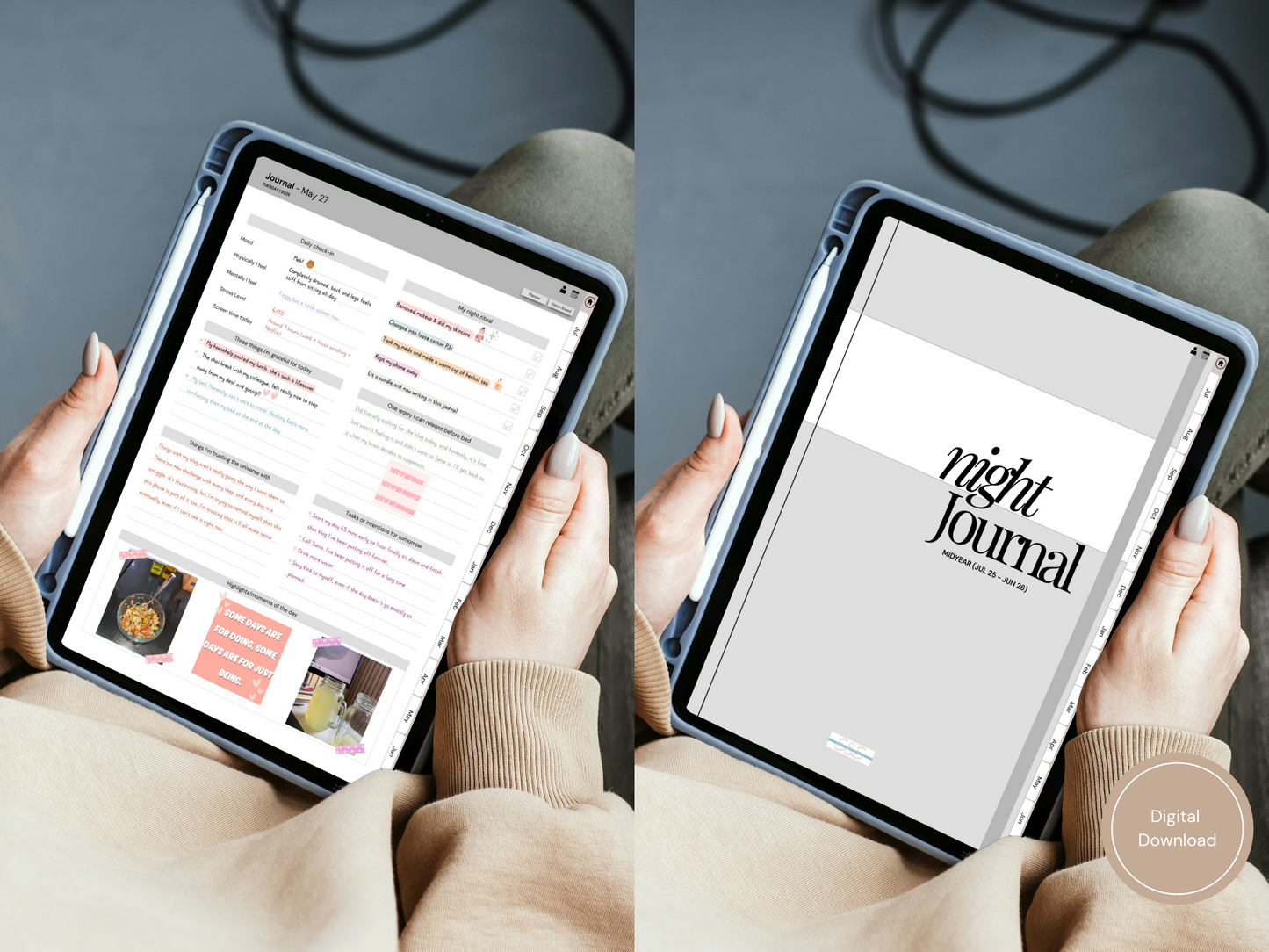 A calm moment journaling with the night routine page open—this bedtime routine journal keeps your evenings mindful and simple.