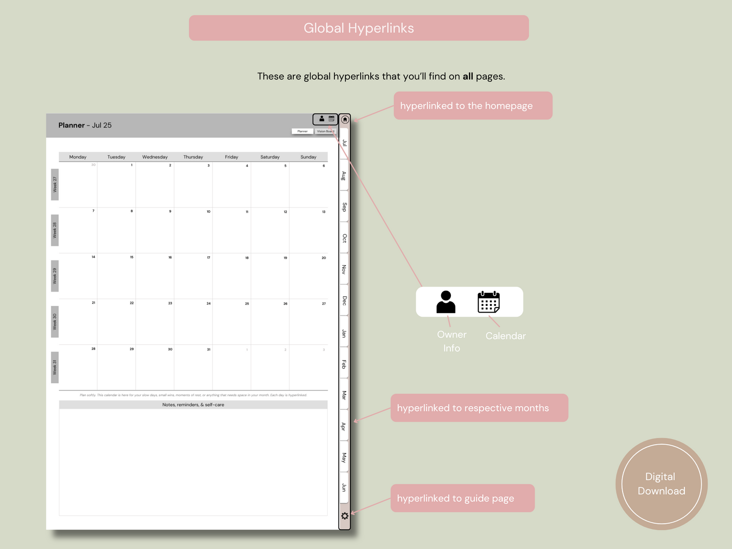 Monthly planner page showing global hyperlinks—easily jump to your calendar, vision board, or owner info with just a tap.