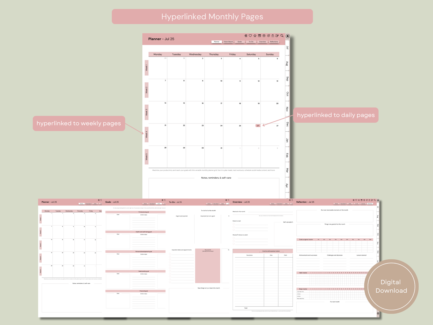 Mindful Living Daily Digital Planner - Midyear (Jul 2025 – Jun 2026) - By Sage and Sirius