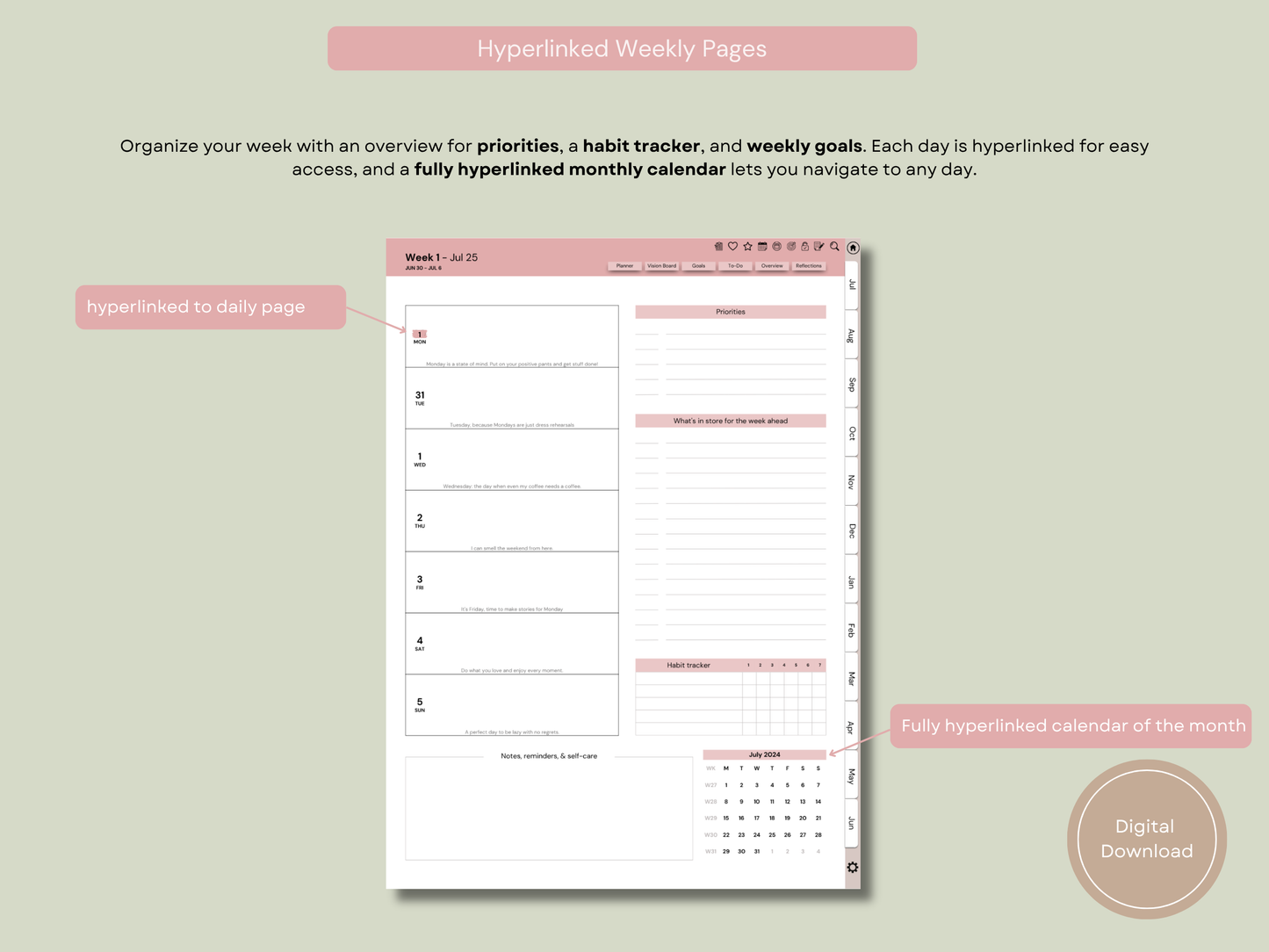 Mindful Living Daily Digital Planner - Midyear (Jul 2025 – Jun 2026) - By Sage and Sirius