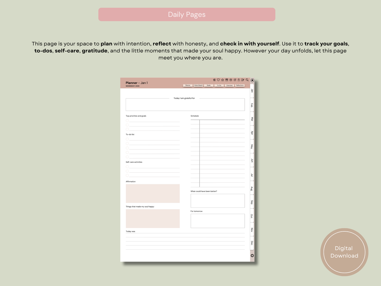 Mindful Living Daily Digital Planner - Midyear (Jul 2025 – Jun 2026) - By Sage and Sirius