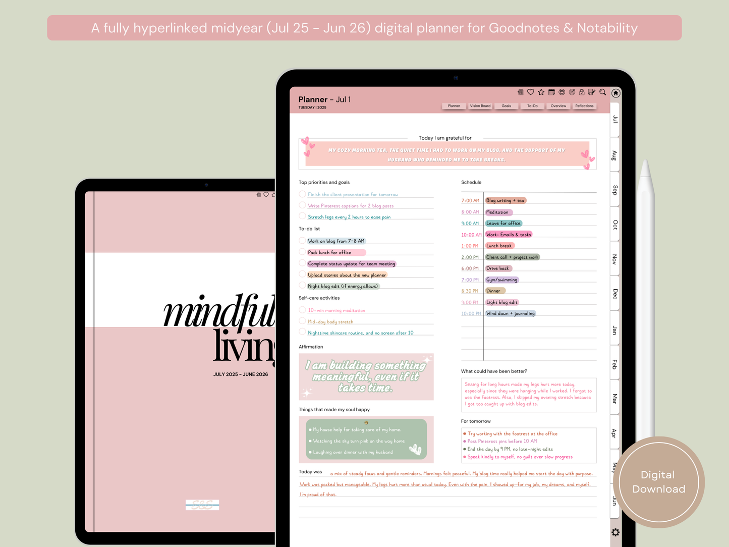 Mindful Living Daily Digital Planner - Midyear (Jul 2025 – Jun 2026) - By Sage and Sirius