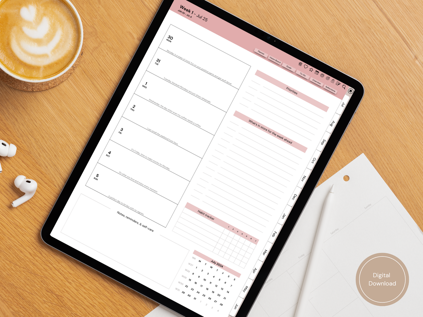 Mindful Living Daily Digital Planner - Midyear (Jul 2025 – Jun 2026) - By Sage and Sirius