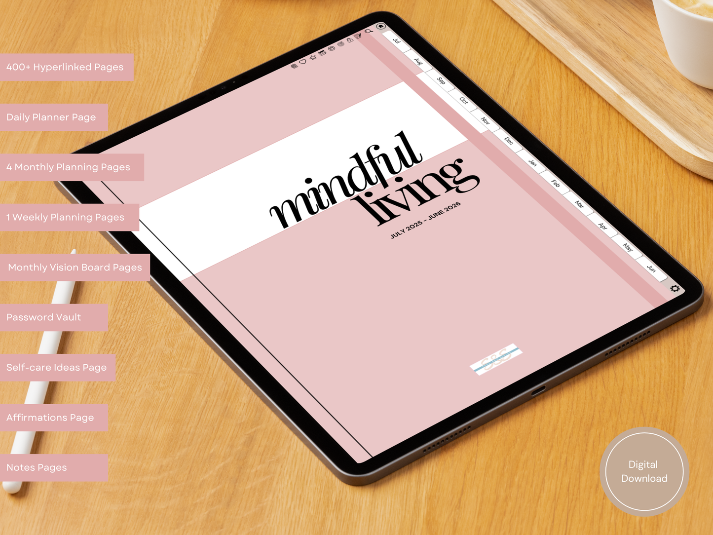 Mindful Living Daily Digital Planner - Midyear (Jul 2025 – Jun 2026) - By Sage and Sirius