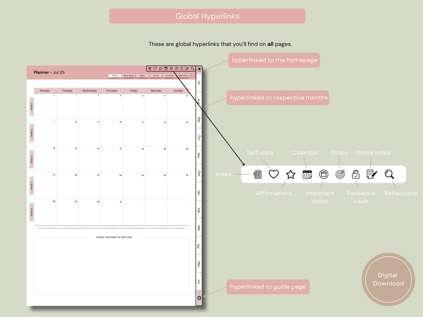 Mindful Living Daily Digital Planner - Midyear (Jul 2025 – Jun 2026) - By Sage and Sirius