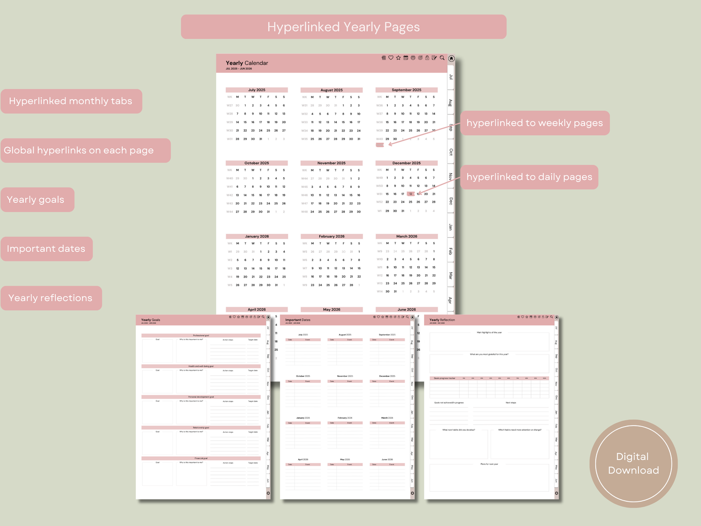 Mindful Living Daily Digital Planner - Midyear (Jul 2025 – Jun 2026) - By Sage and Sirius