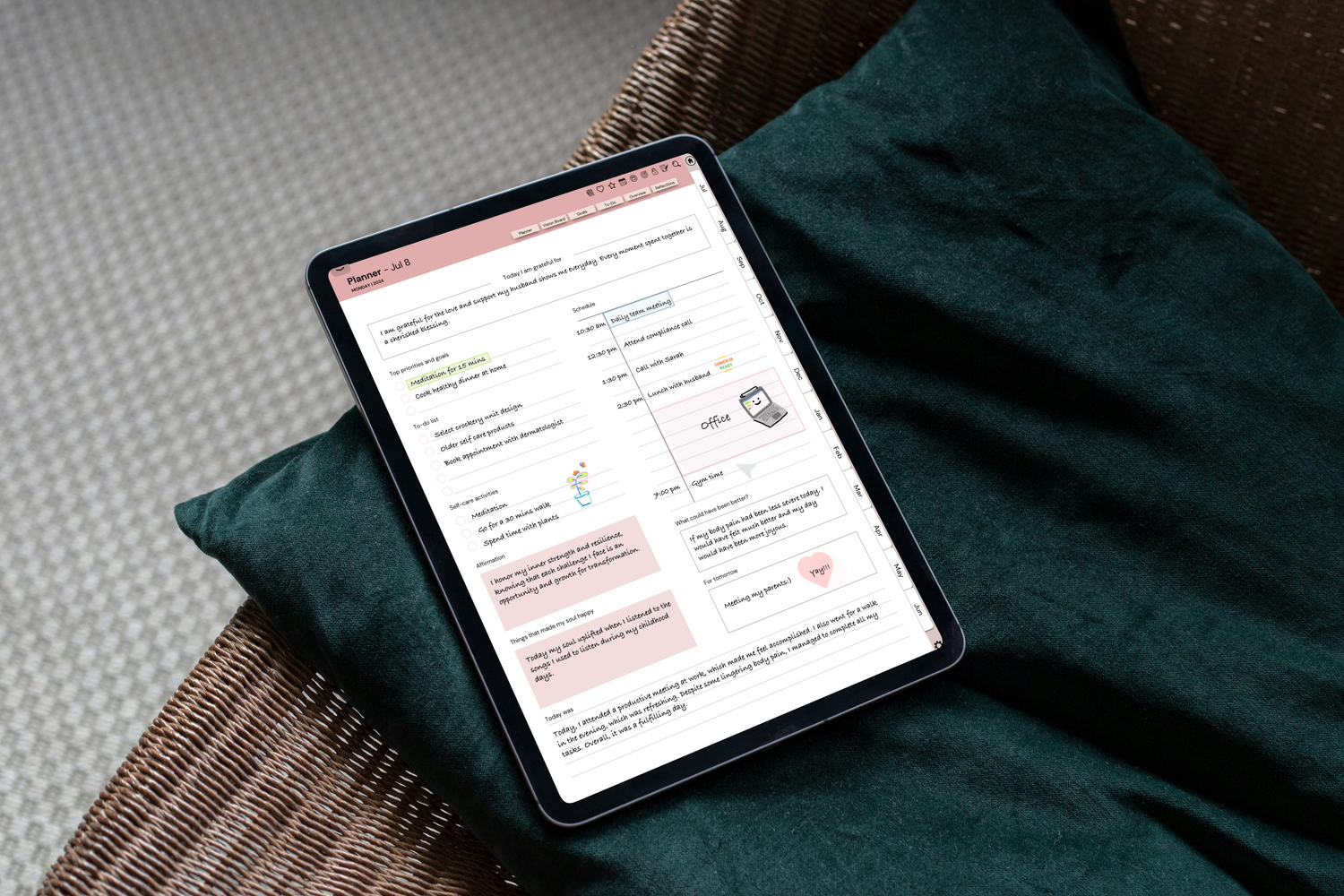 An image of the filled daily planning page of the mindful living digital journal, open in an iPad lying on a couch.