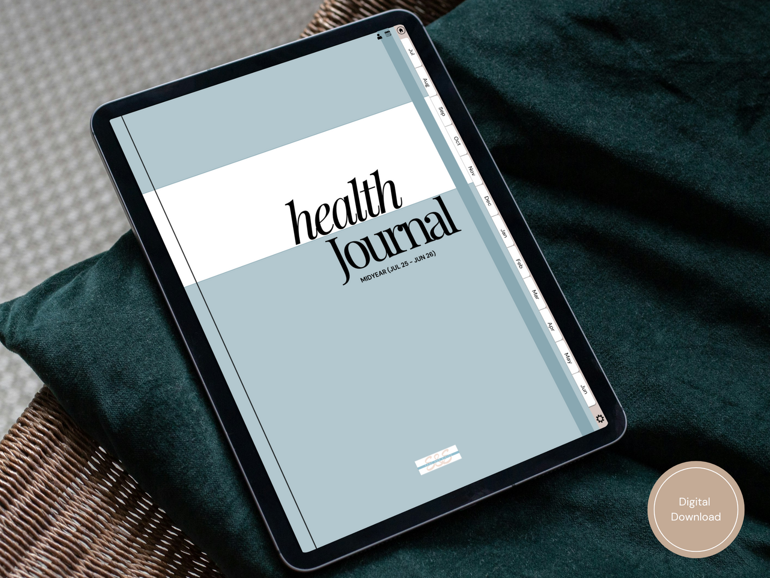 A relaxed couch-side scene with the Health and Fitness Digital Planner open