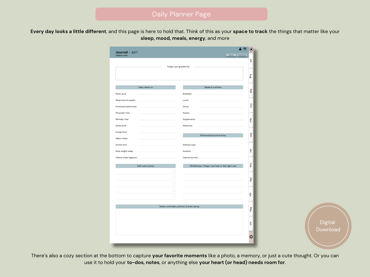 Image showing how the daily planning page of the Digital Health and Wellness Journal.