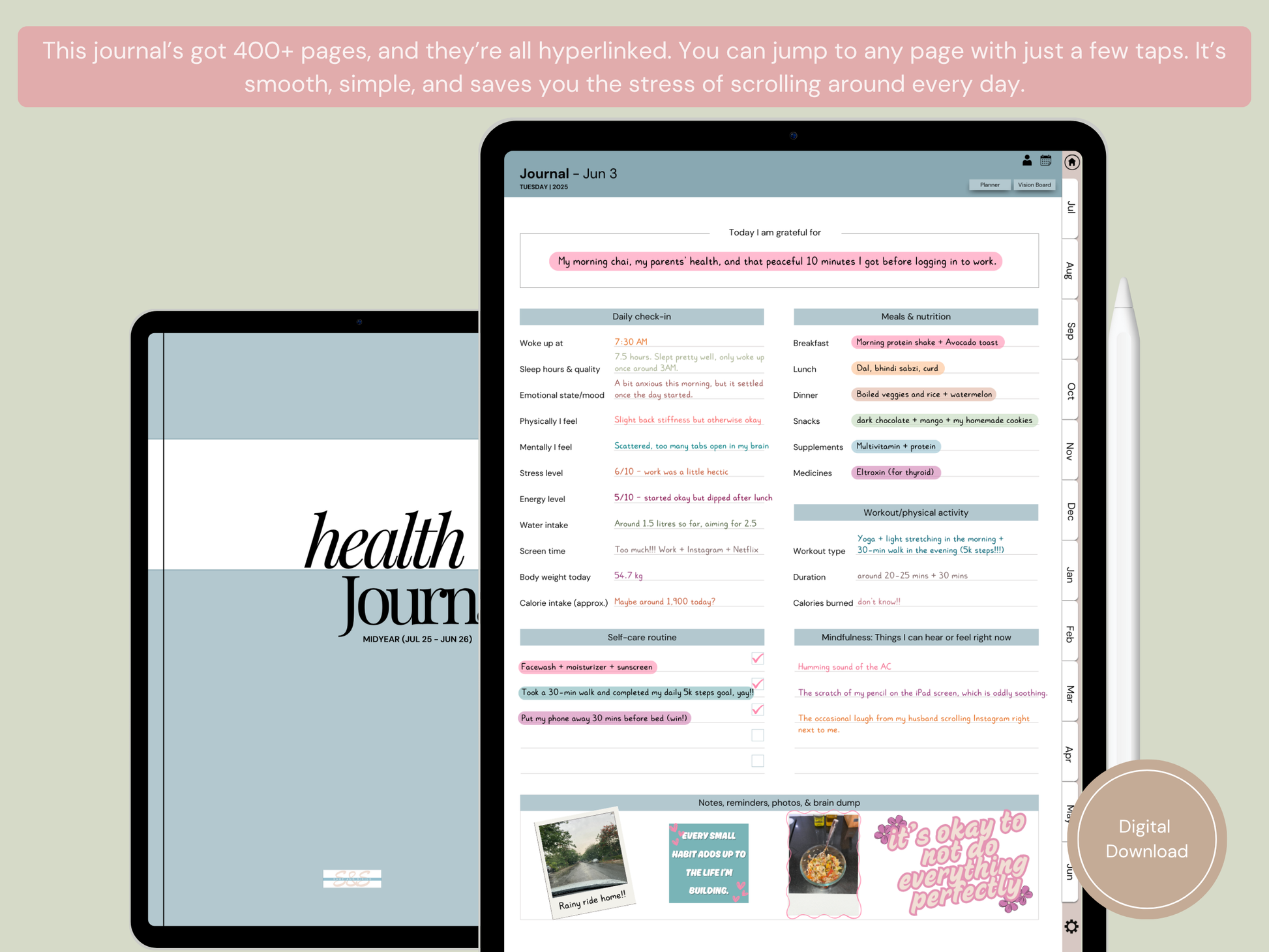 Image showing the cover page and the filled daily check-in page of the digital health and wellness journal