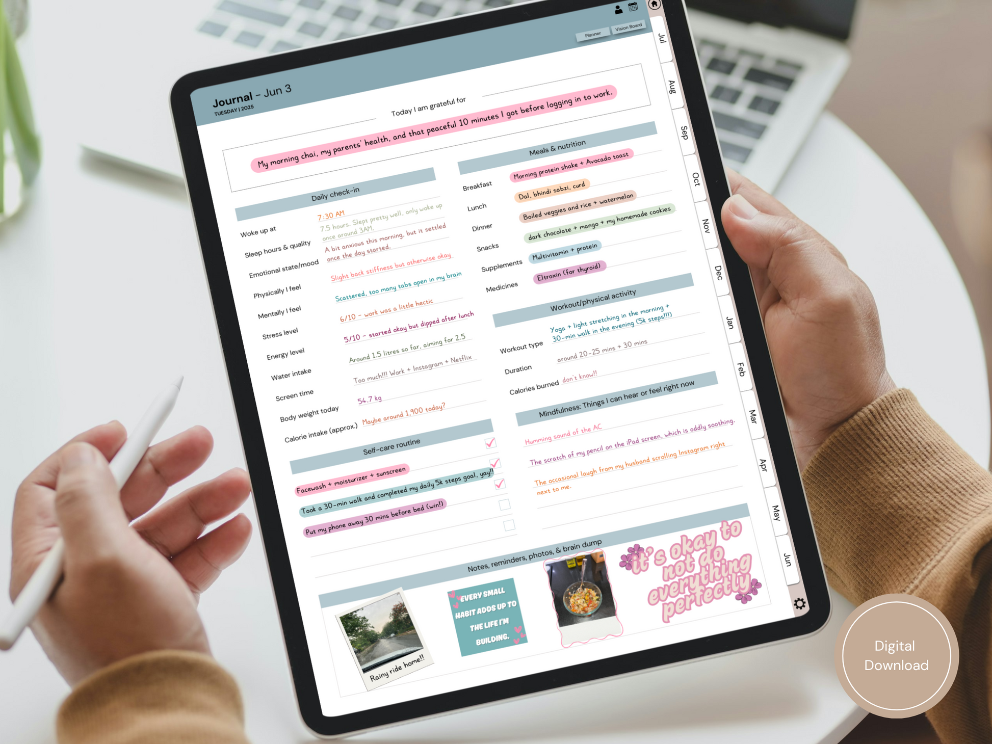 A shot of the Digital Health and Wellness Journal for iPad open on a daily planner page