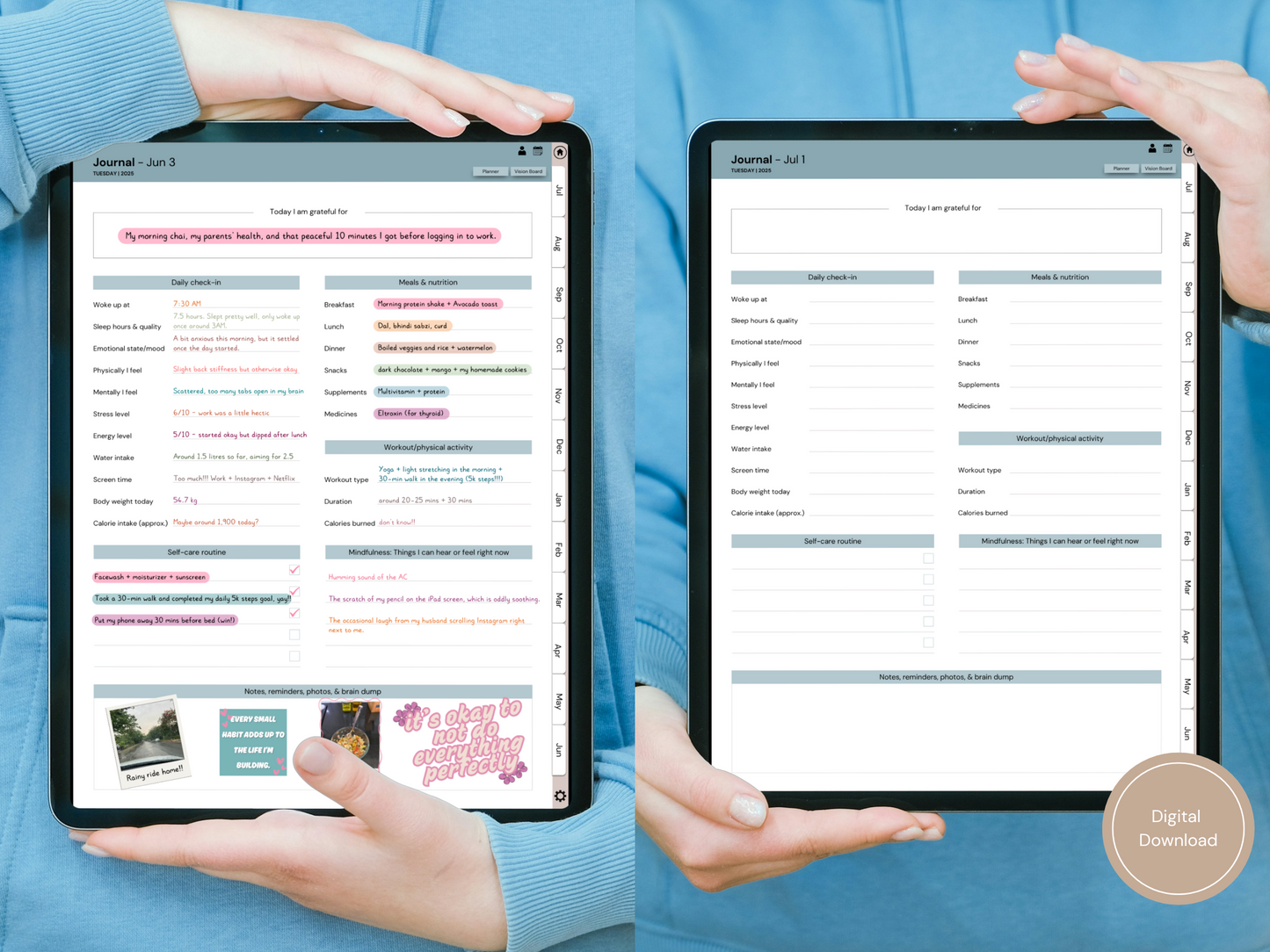 Two images showing the daily planner page of the digital health and wellness journal, one is filled and the other is blank.