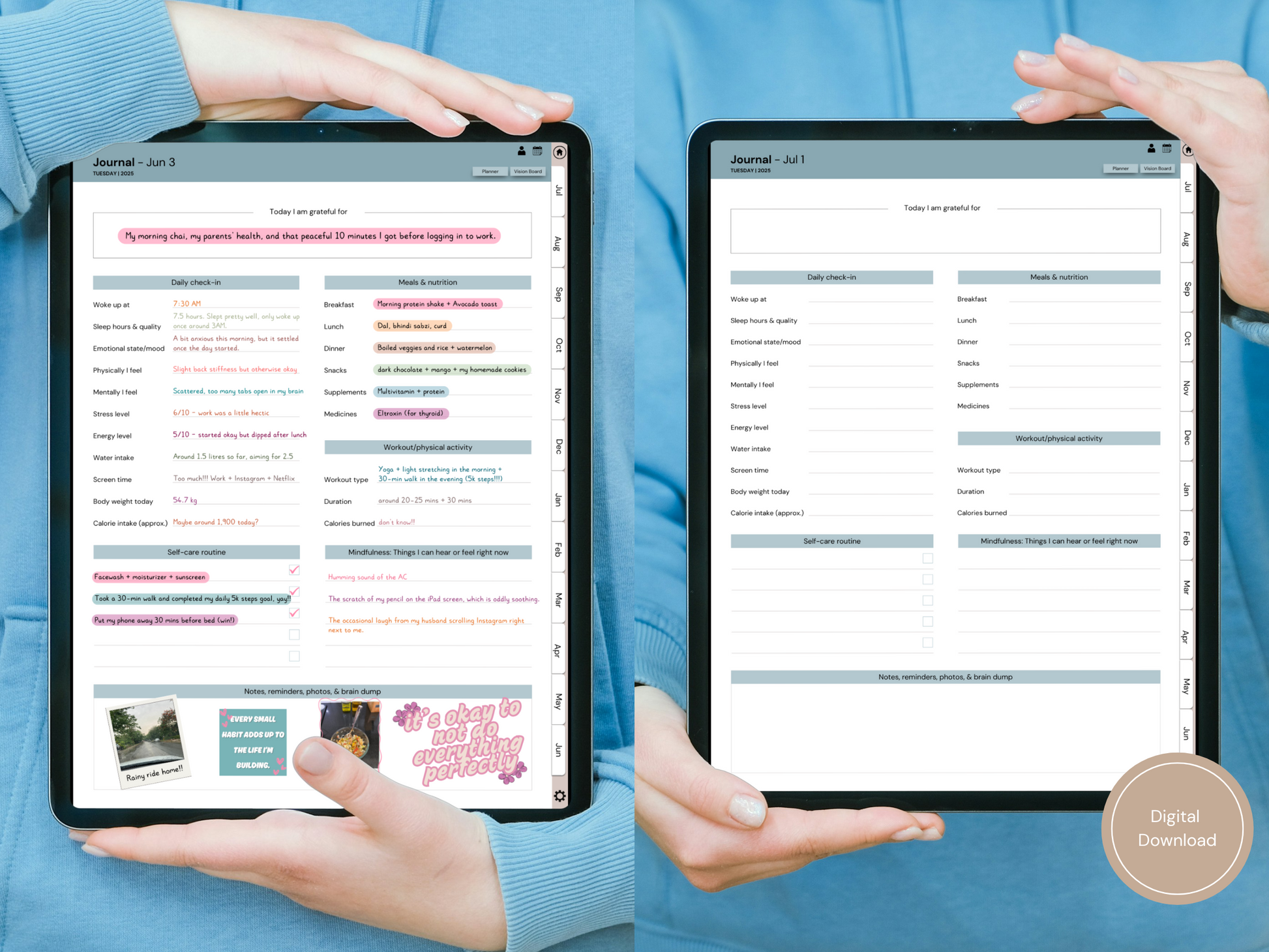Two images showing the daily planner page of the digital health and wellness journal, one is filled and the other is blank.