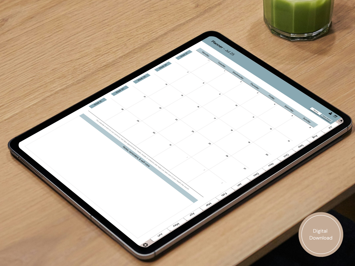 A flat lay of the Digital Wellness Planner with the self-care prompts page open