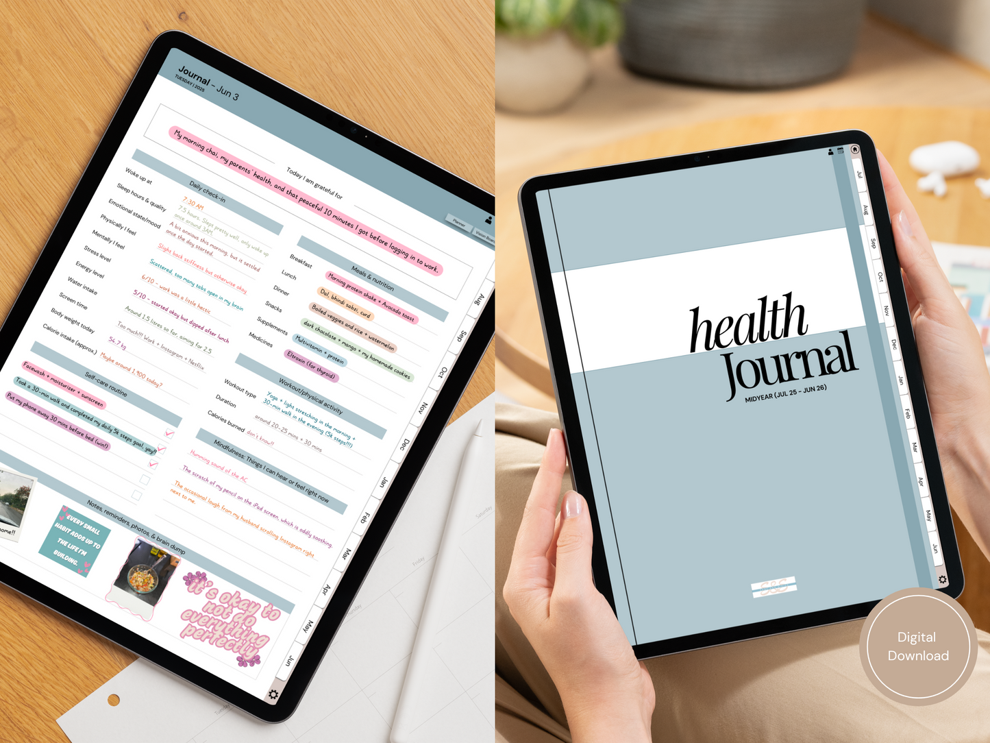 Top view of the Health and Wellness Journal for Goodnotes with a apple pencil, showing a calm and organized morning check-in layout.