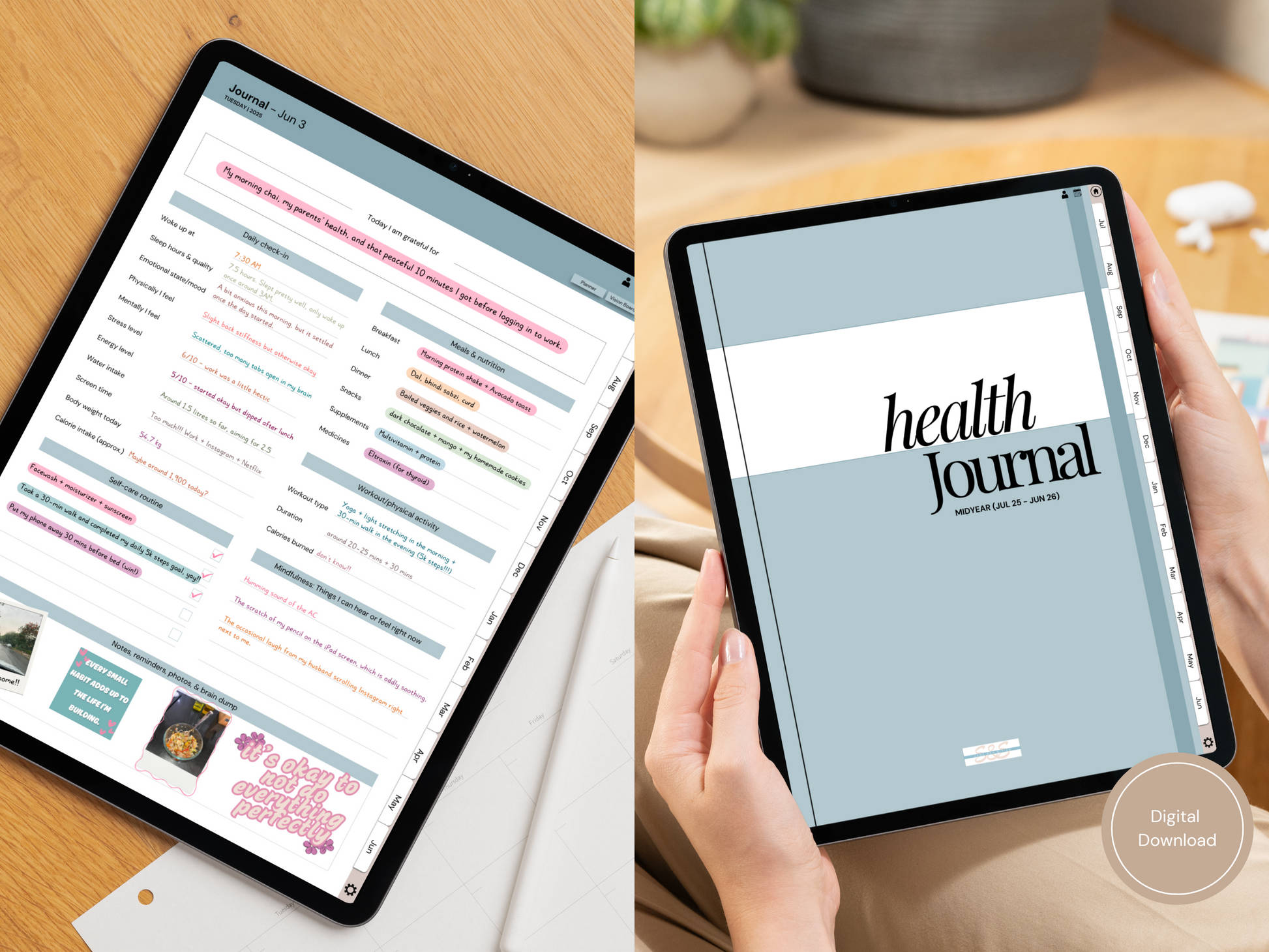Top view of the Health and Wellness Journal for Goodnotes with a apple pencil, showing a calm and organized morning check-in layout.