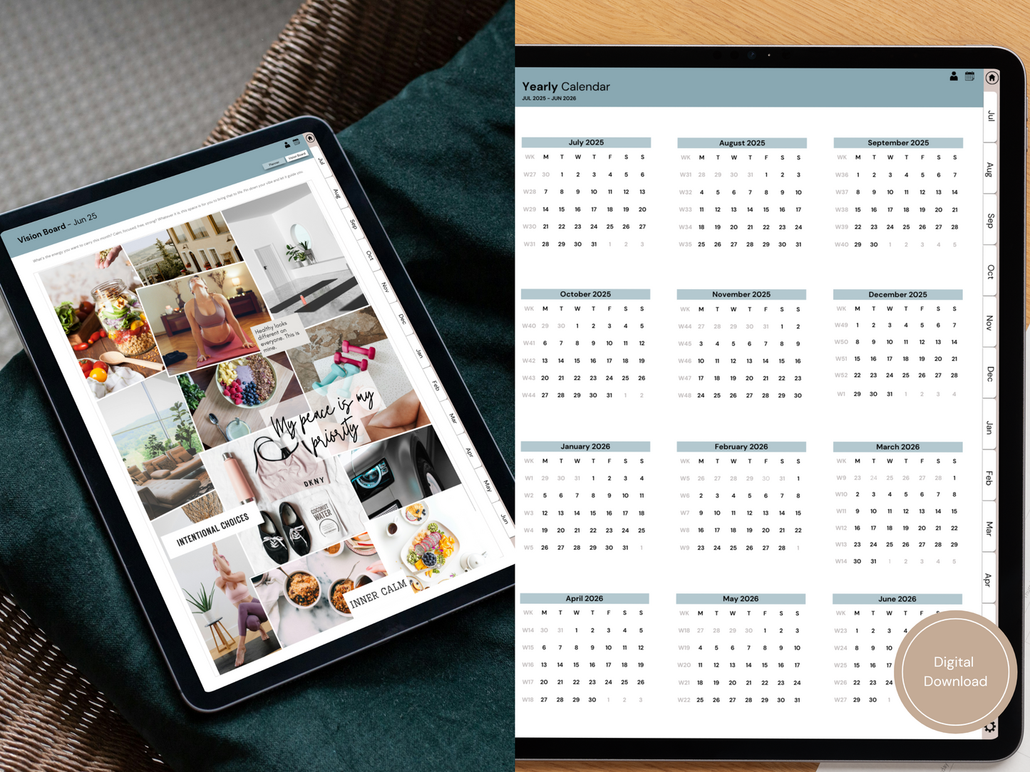 Top view of the Digital Wellness Planner open on the mood and sleep tracking page, perfect for your daily check-ins.
