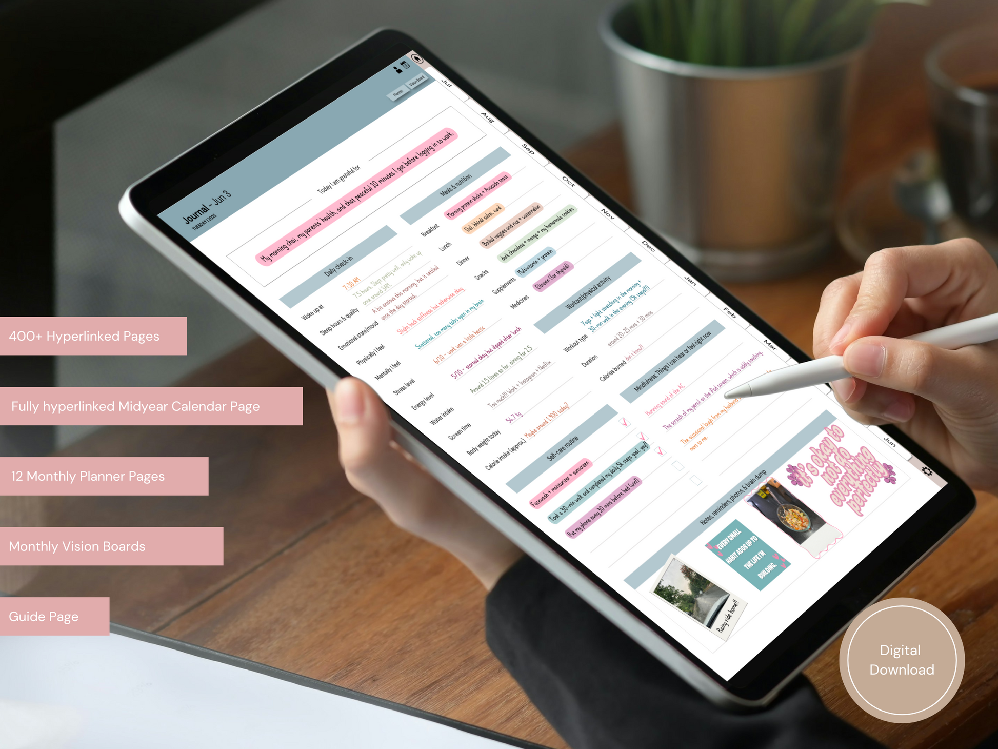 A simple, pretty flat lay of the Digital Self-Care Journal showing gratitude prompts and space for mindful journaling.