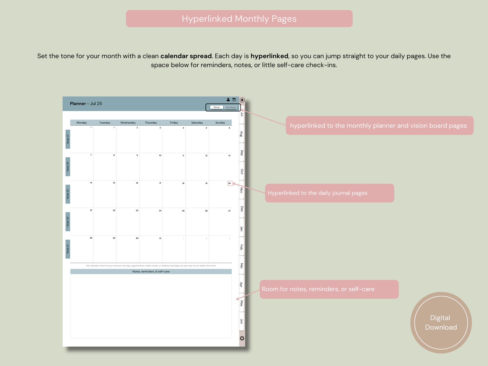 Image showing how the monthly hyperlinks work inside the Digital Health and Wellness Journal’s monthly page view.