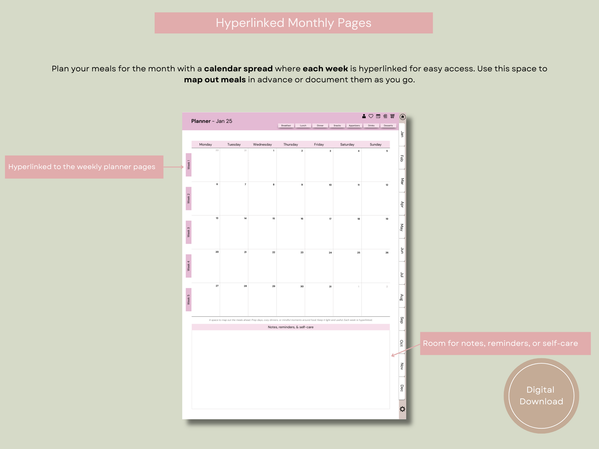 Monthly planning template from the meal planner and recipe tracker, designed for tracking meals throughout the month.
