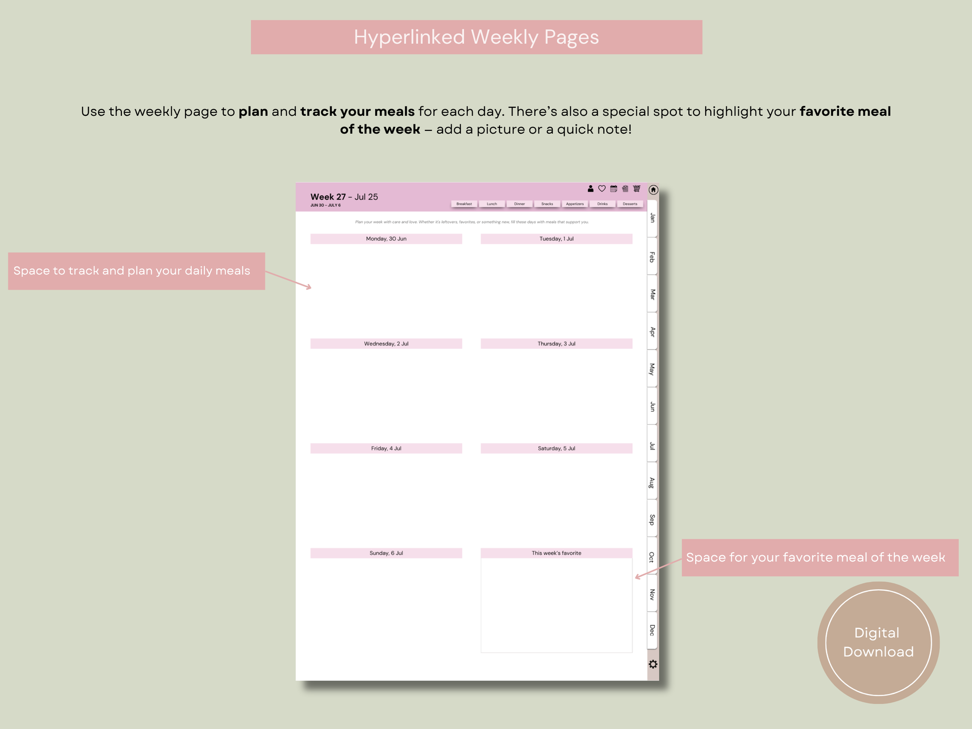 Overview of the weekly meal planner page with space for daily meal tracking and meal planning templates for organized eating.