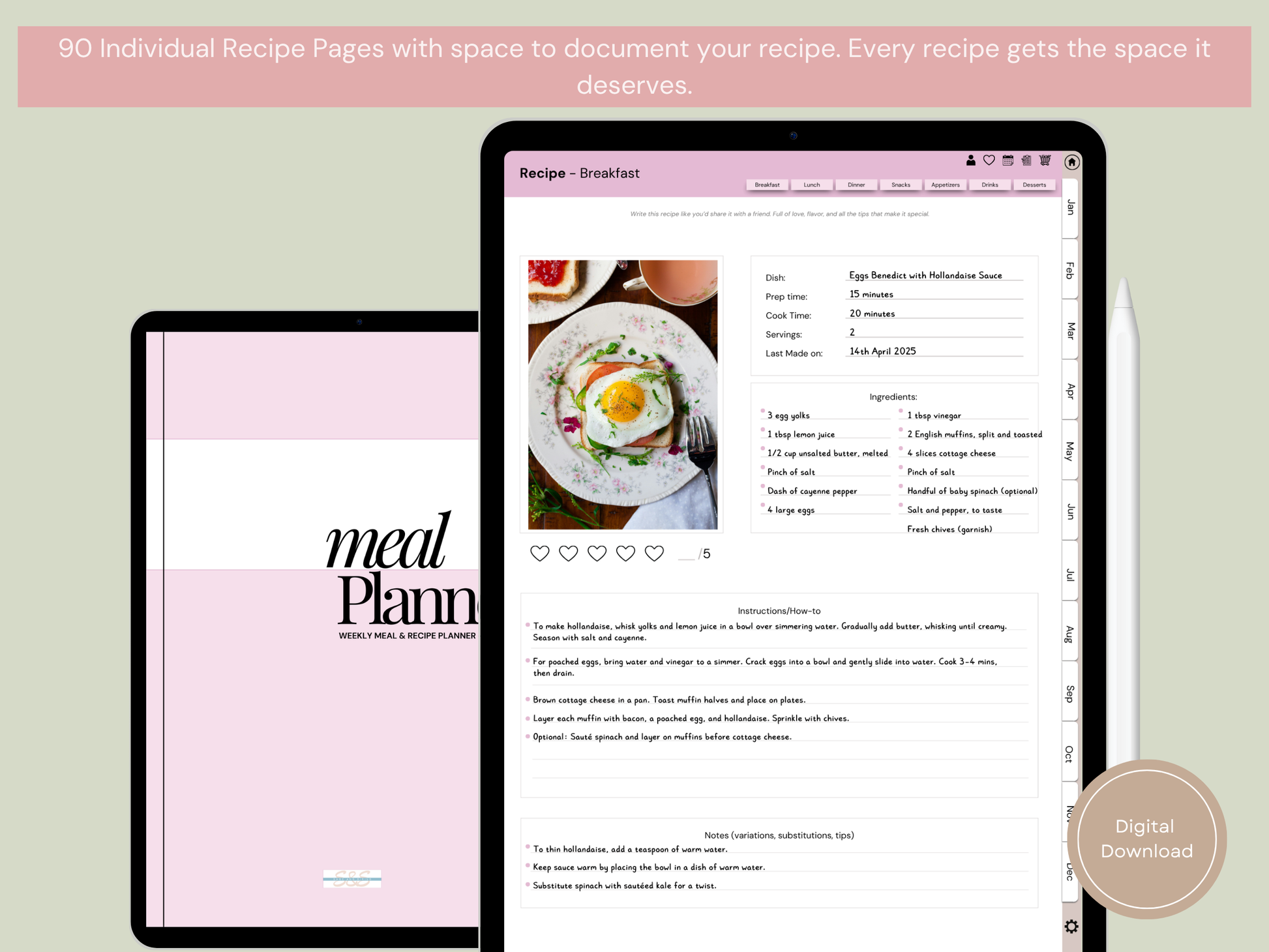 Detailed recipe page from the meal planning tracker shown on an iPad, highlighting ingredients and cooking steps