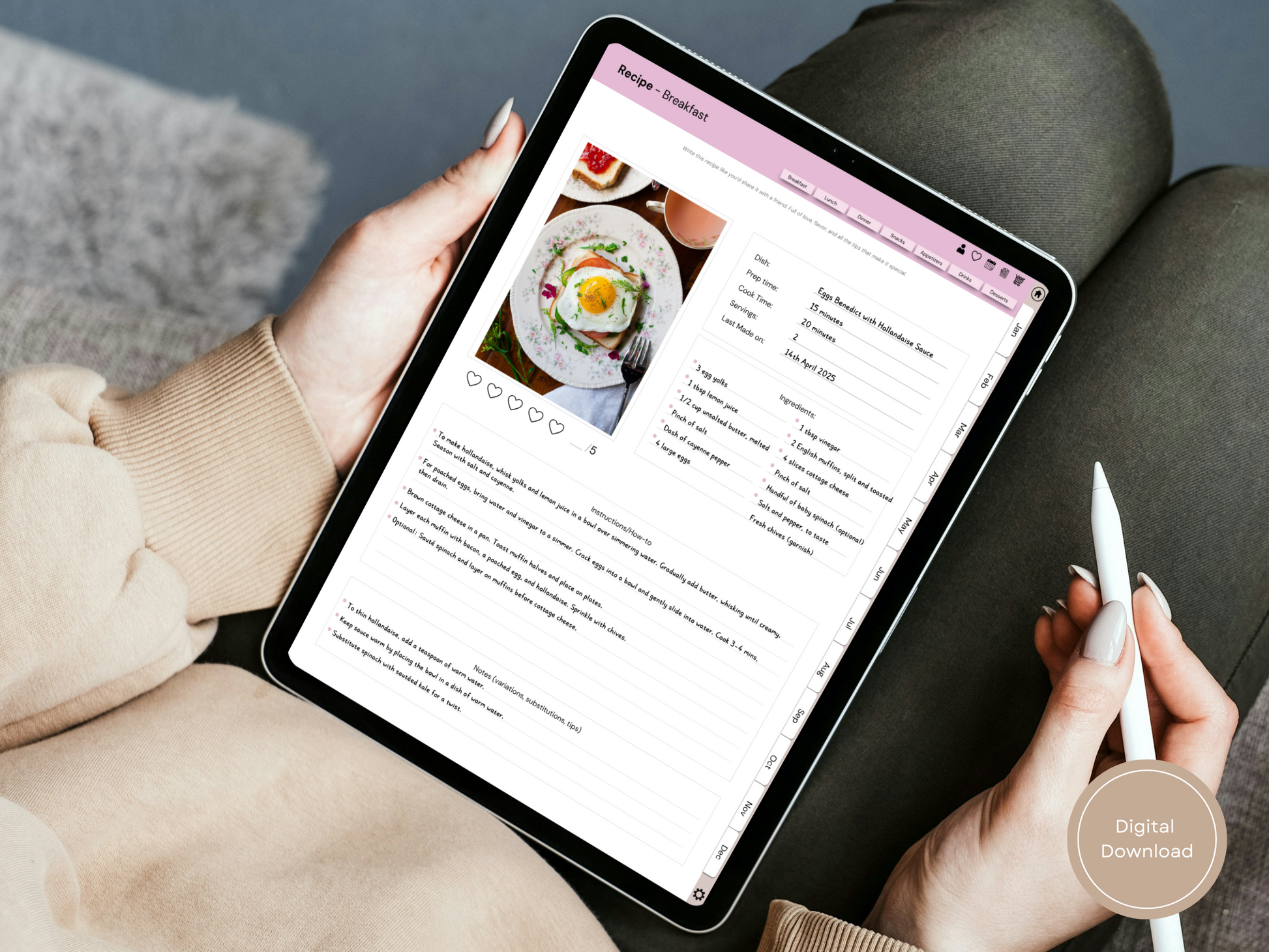 Person holding an iPad with the digital meal planner open, displaying the recipe tracker page in a cozy home setting.