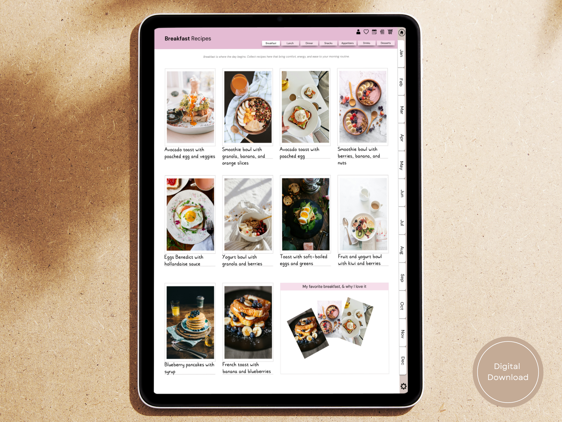 Digital meal planner displayed on an iPad placed on a wooden table, showcasing the weekly meal planner template.