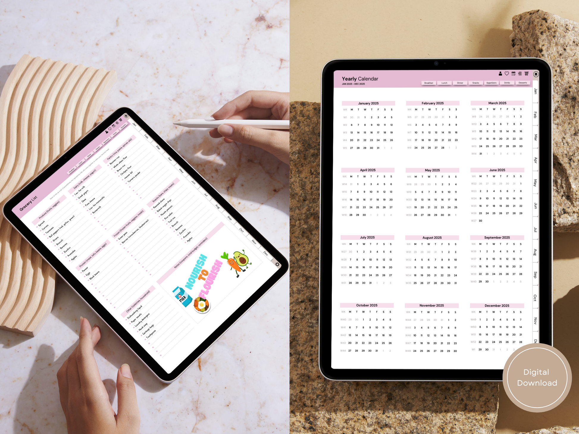 Digital meal planner and recipe tracker open on an iPad, showing the recipe index page, surrounded by fresh ingredients