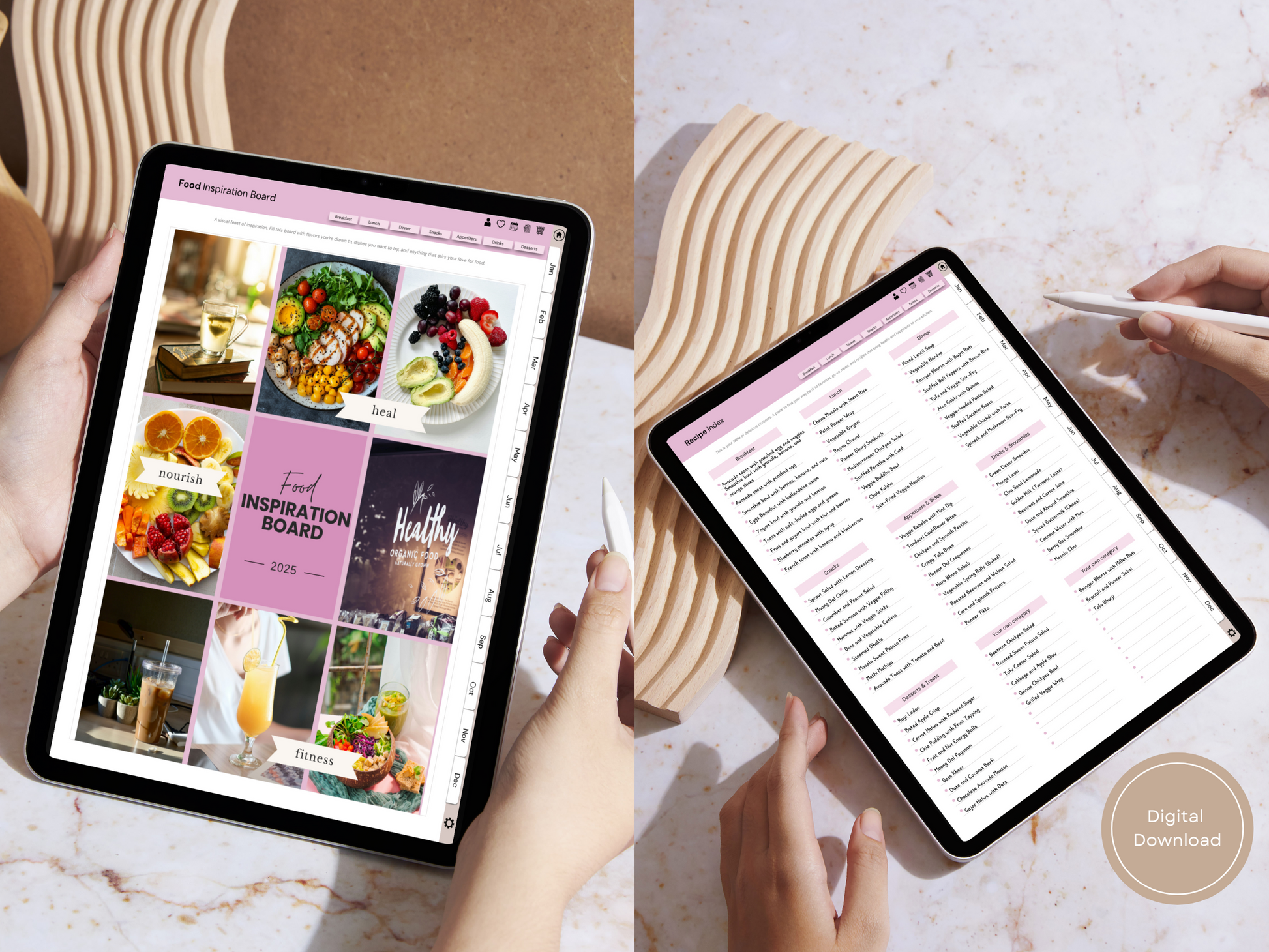 Weekly meal planner template displayed on an iPad placed on a rustic dining table, ready for meal planning.