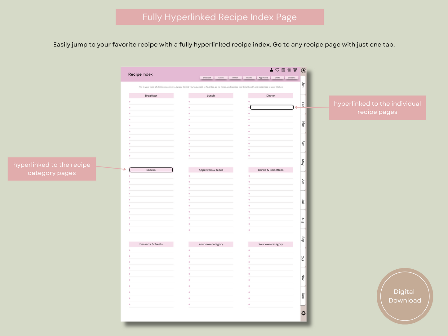 Explanation of the recipe index page from the digital meal planner, highlighting organized recipe categories and clickable links