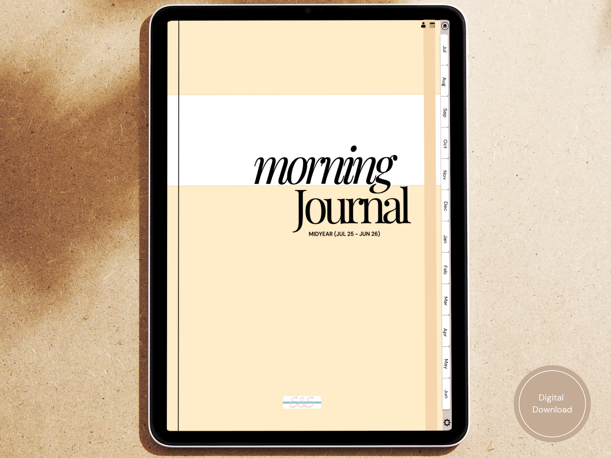 A clean and minimal Digital Morning Journal for iPad shown on a cozy bedside table — the perfect start to a mindful morning.