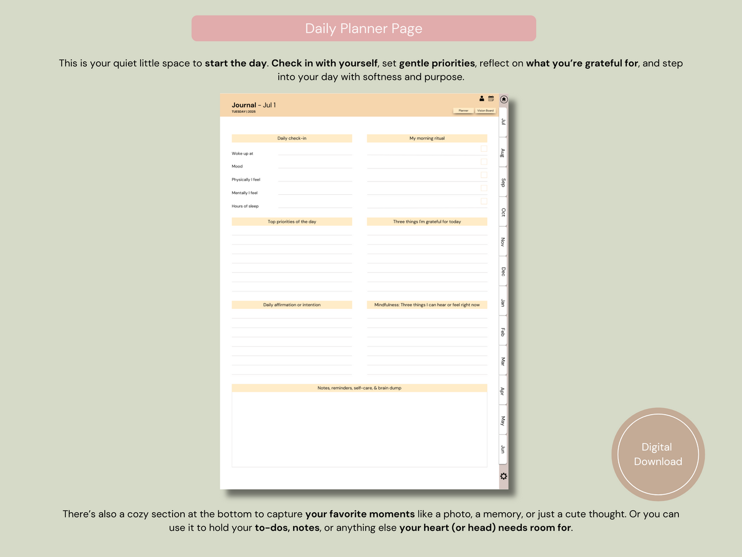 A closer look at how the daily pages are hyperlinked for quick access. No scrolling needed in this Digital journal for morning journaling.