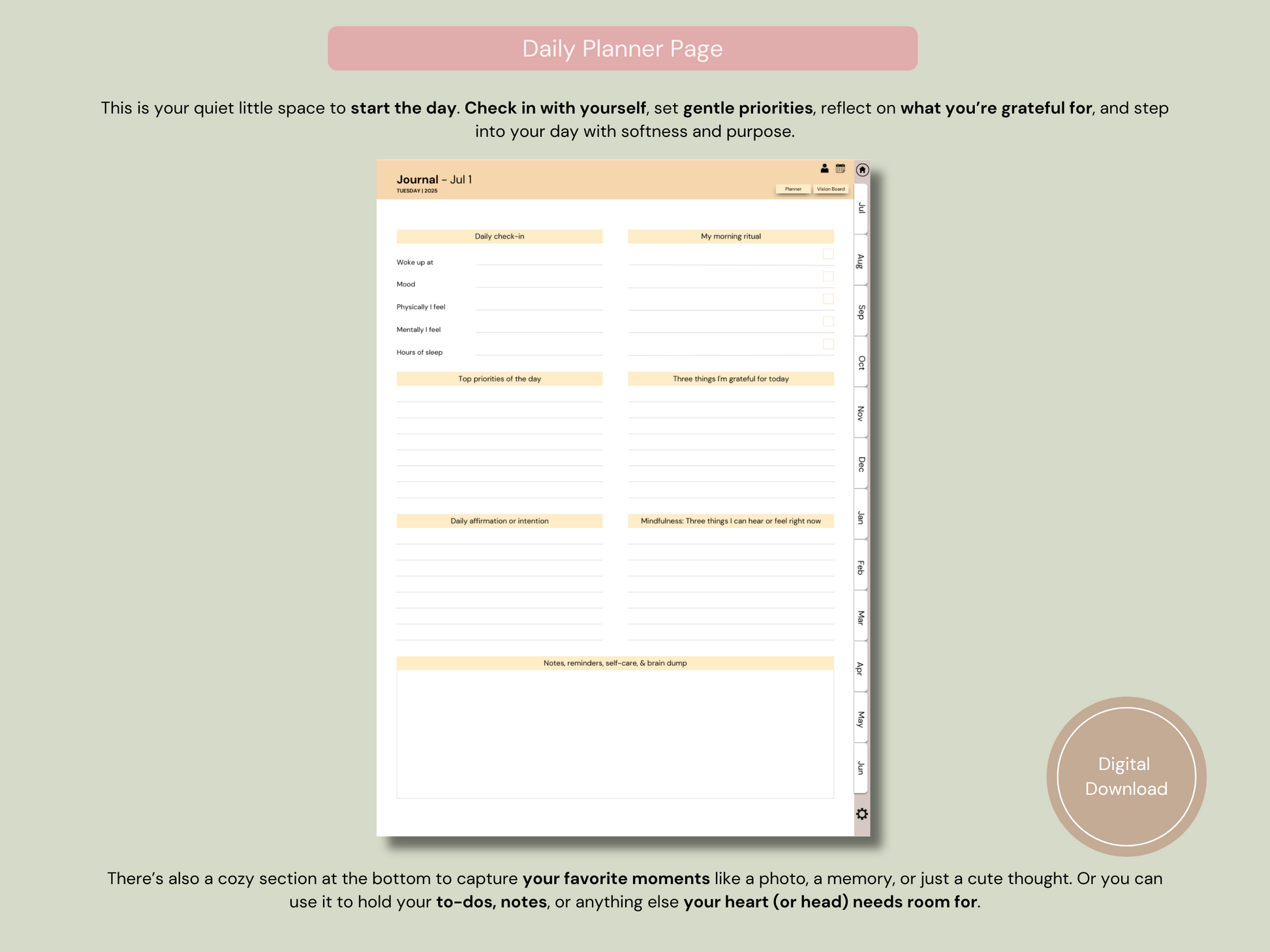 A closer look at how the daily pages are hyperlinked for quick access. No scrolling needed in this Digital journal for morning journaling.