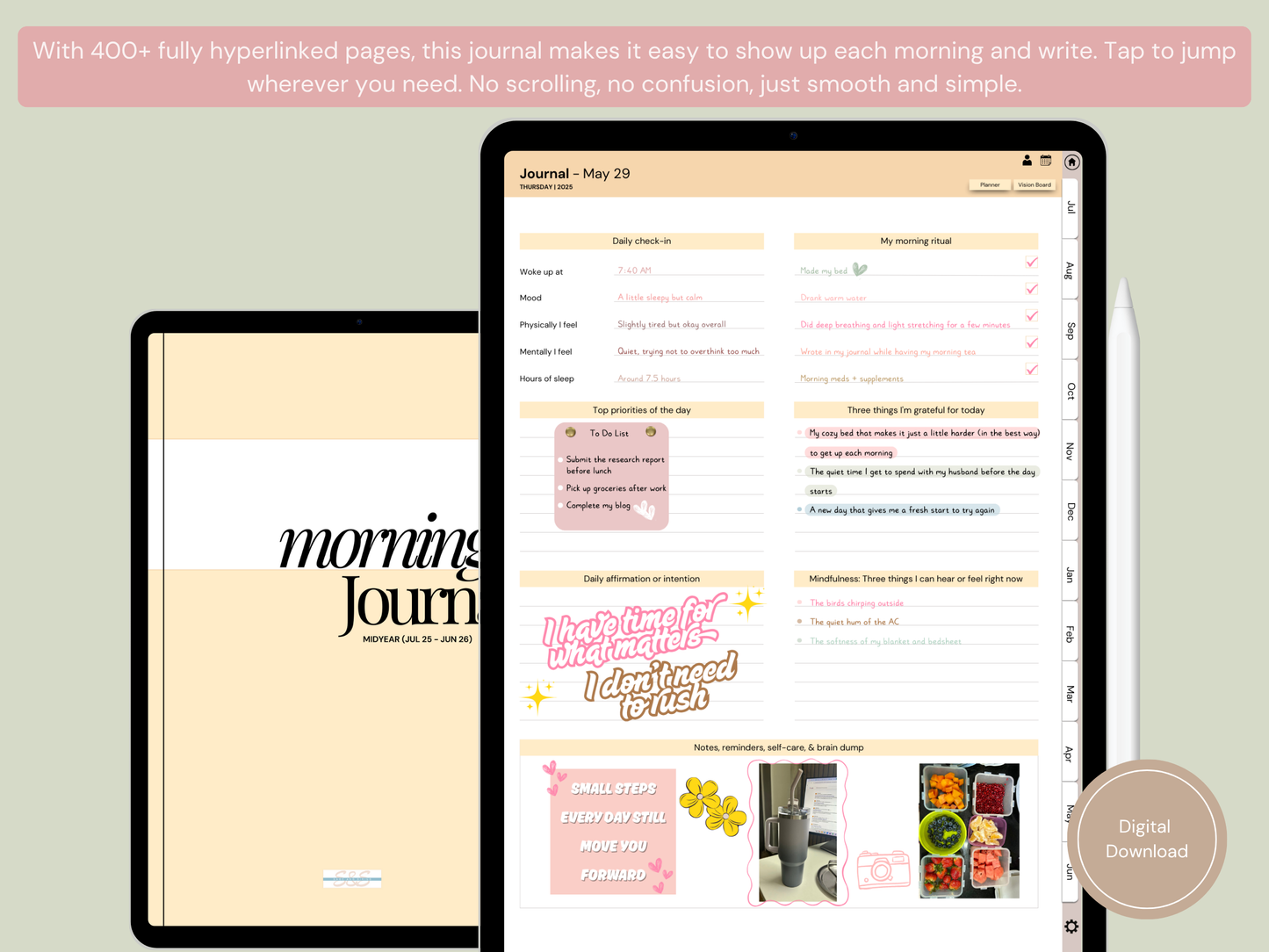 An image showing the layout of the journal’s navigation system. Everything is fully linked in this Morning Journal for GoodNotes, so your routine stays smooth and simple.