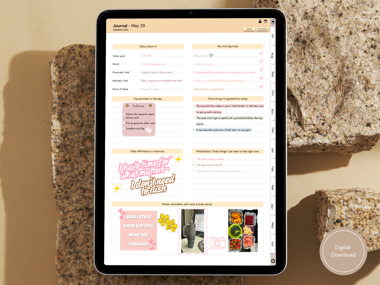 An image of the Digital Morning Journal for GoodNotes open on the daily planner page, styled with a coffee mug and a soft morning light.