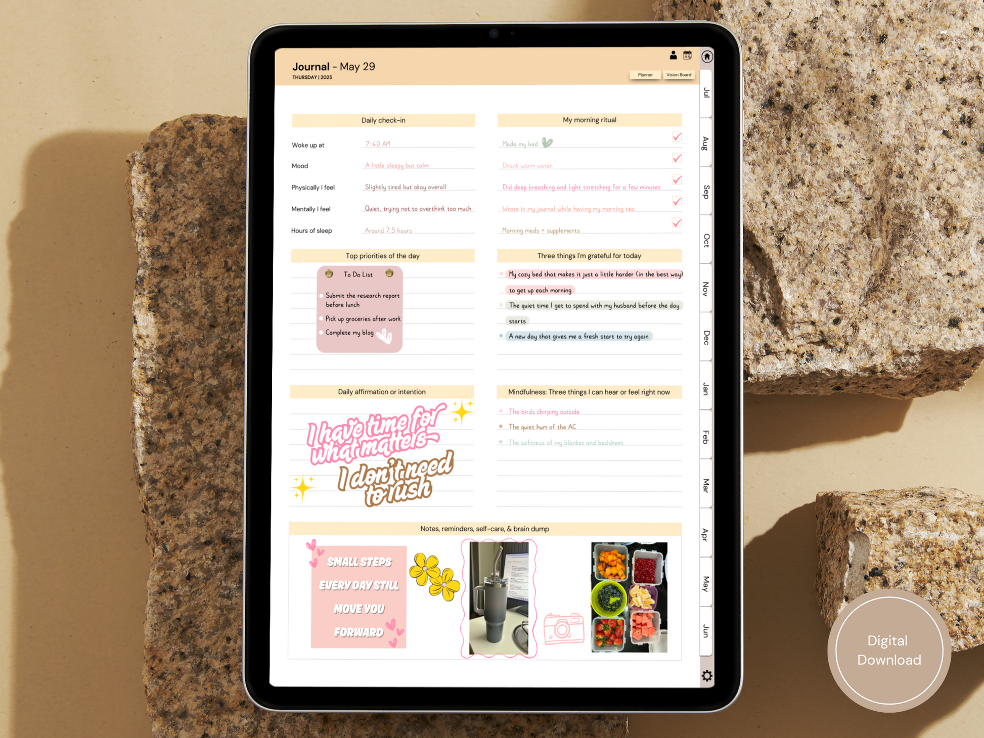 An image of the Digital Morning Journal for GoodNotes open on the daily planner page, styled with a coffee mug and a soft morning light.