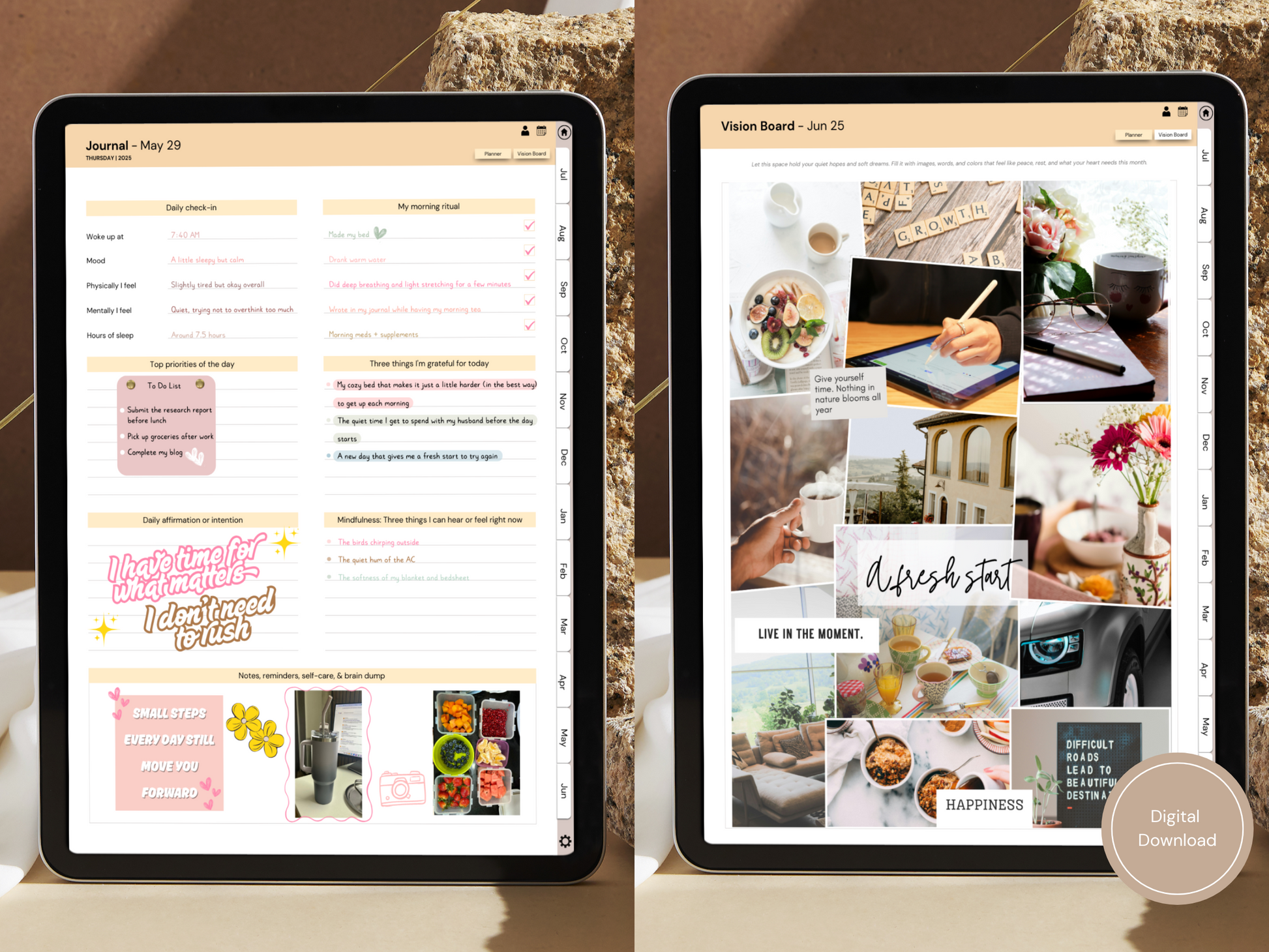 A soft flat-lay of the Morning Routine Journal on an iPad, featuring morning journal prompts that help you begin your day calmly and intentionally.