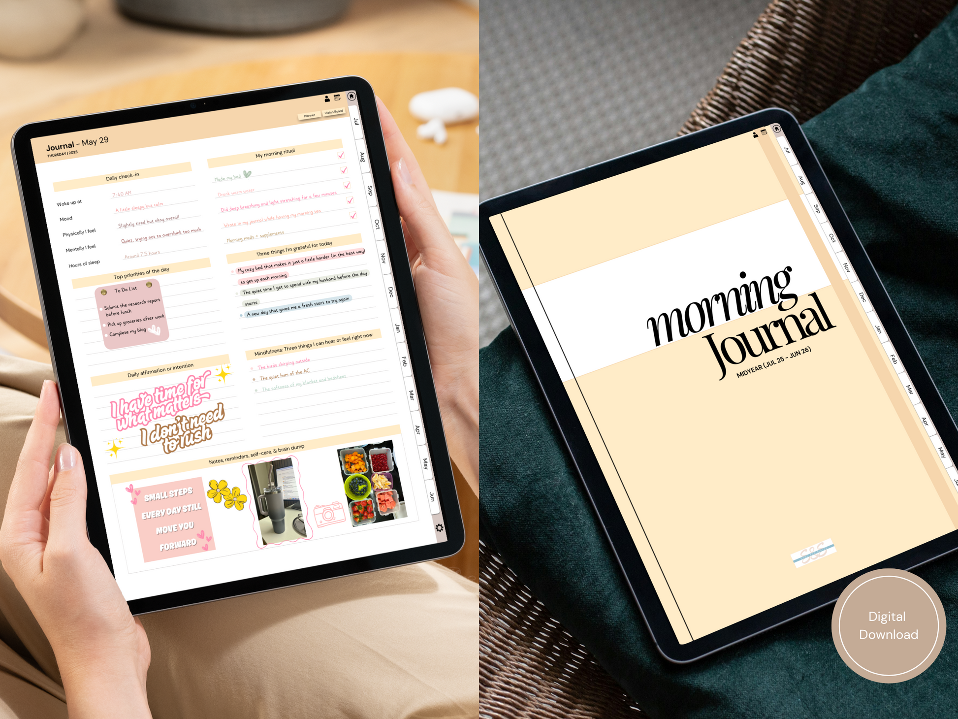 A look at the Mindful Morning Journal with the daily page open, showing gratitude prompts and affirmations, perfect for journaling in the morning.