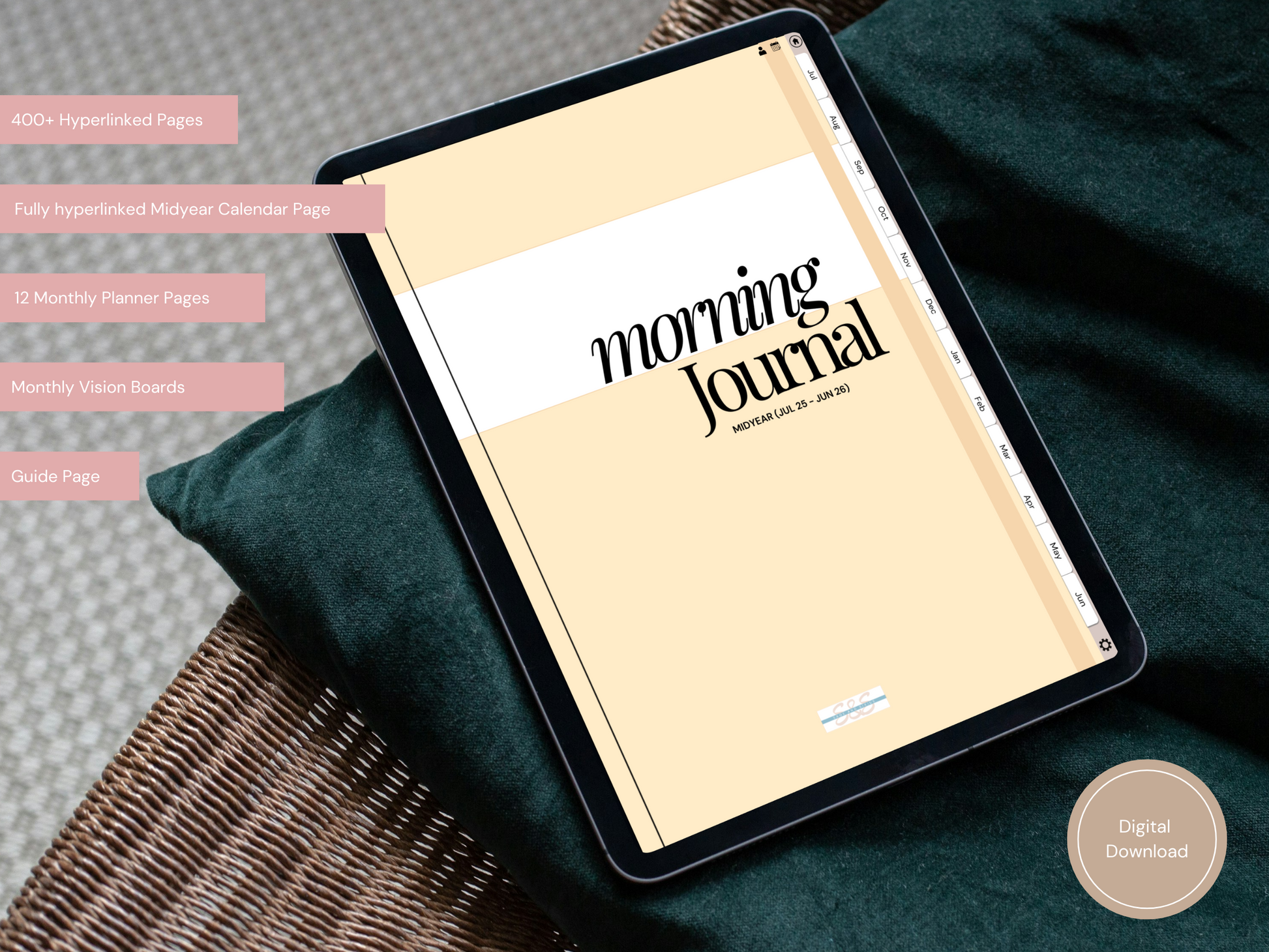 An angled view of the 5 Minute Morning Journal page showing top priorities, affirmations, and daily gratitude prompts