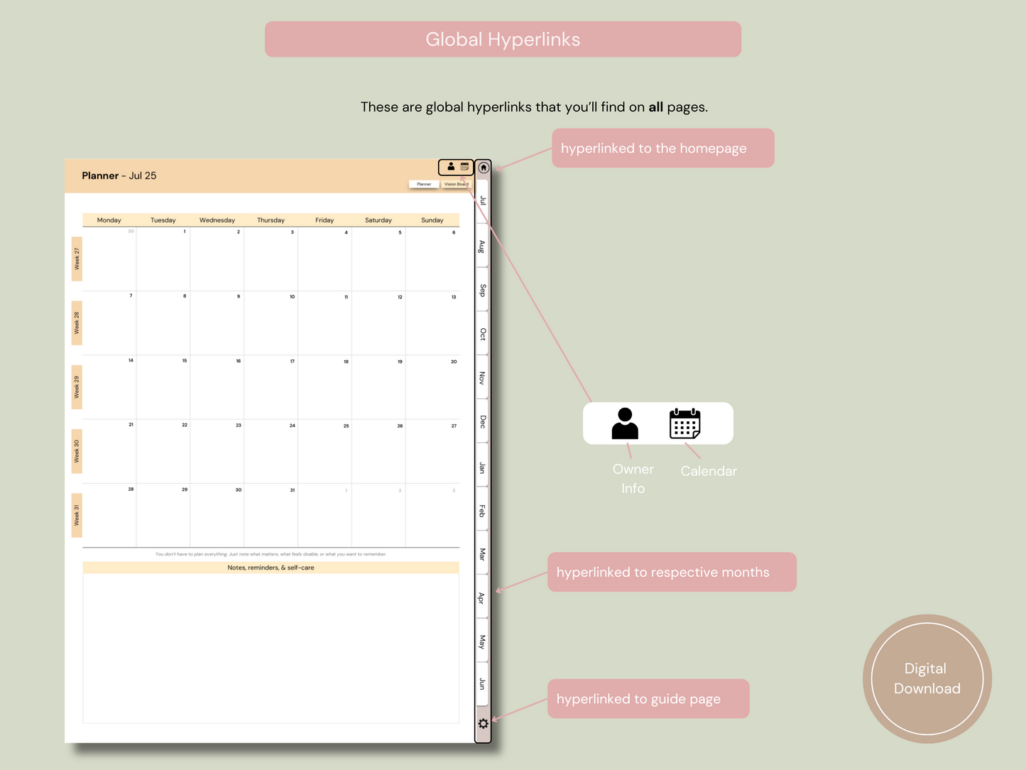 A detailed view of the monthly planner page showing how global hyperlinks work in this Digital Daily Journal