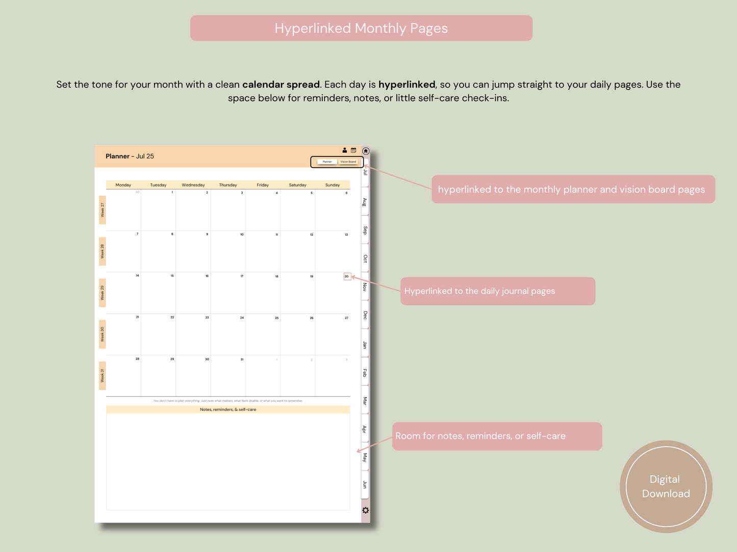 This image shows the Morning Journal for iPad with a calendar page open, explaining how monthly navigation is linked throughout the planner.