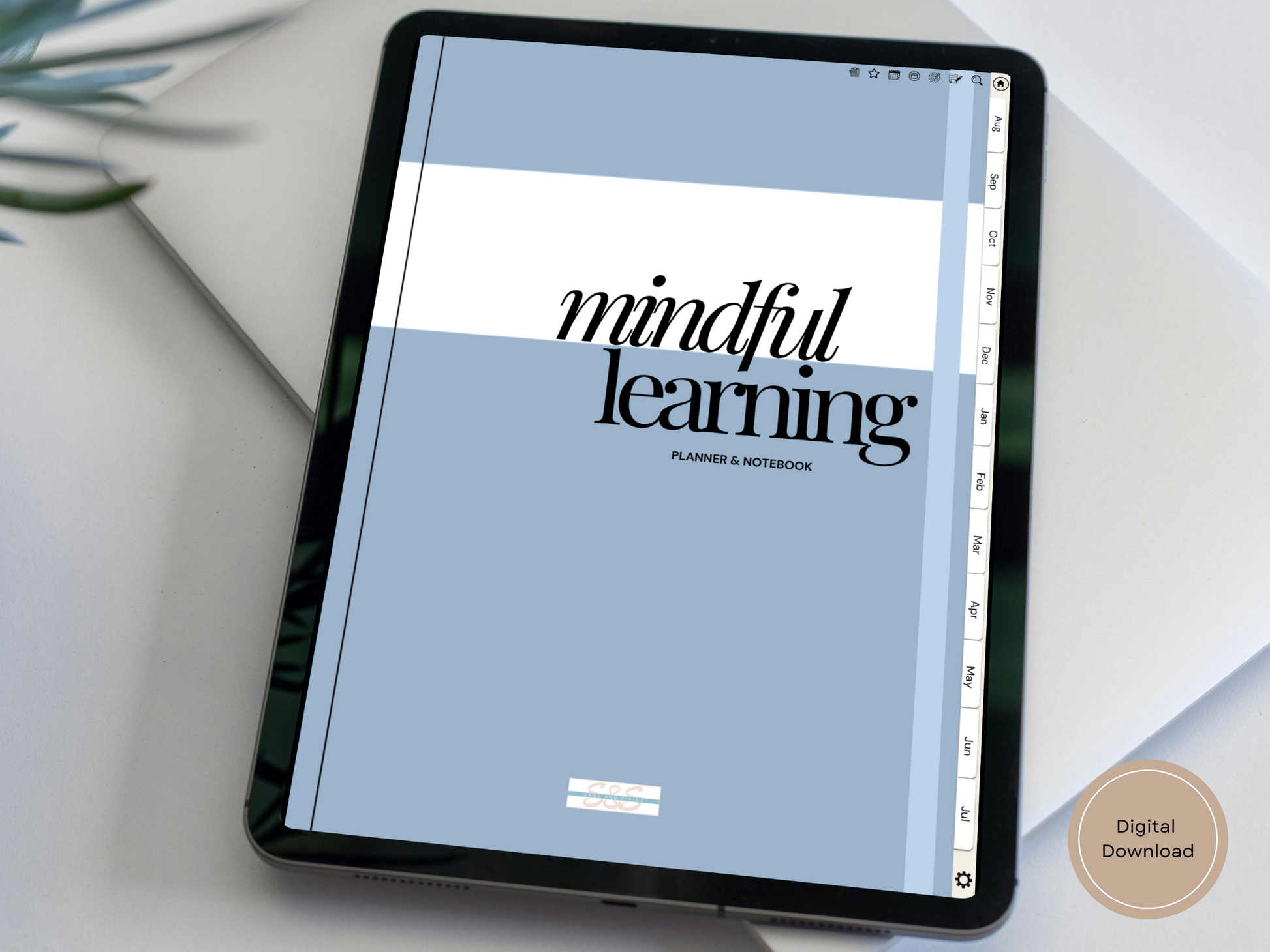 A close-up of the Digital Student Planner and Notebook open on an iPad, showing a clean and organized weekly spread.