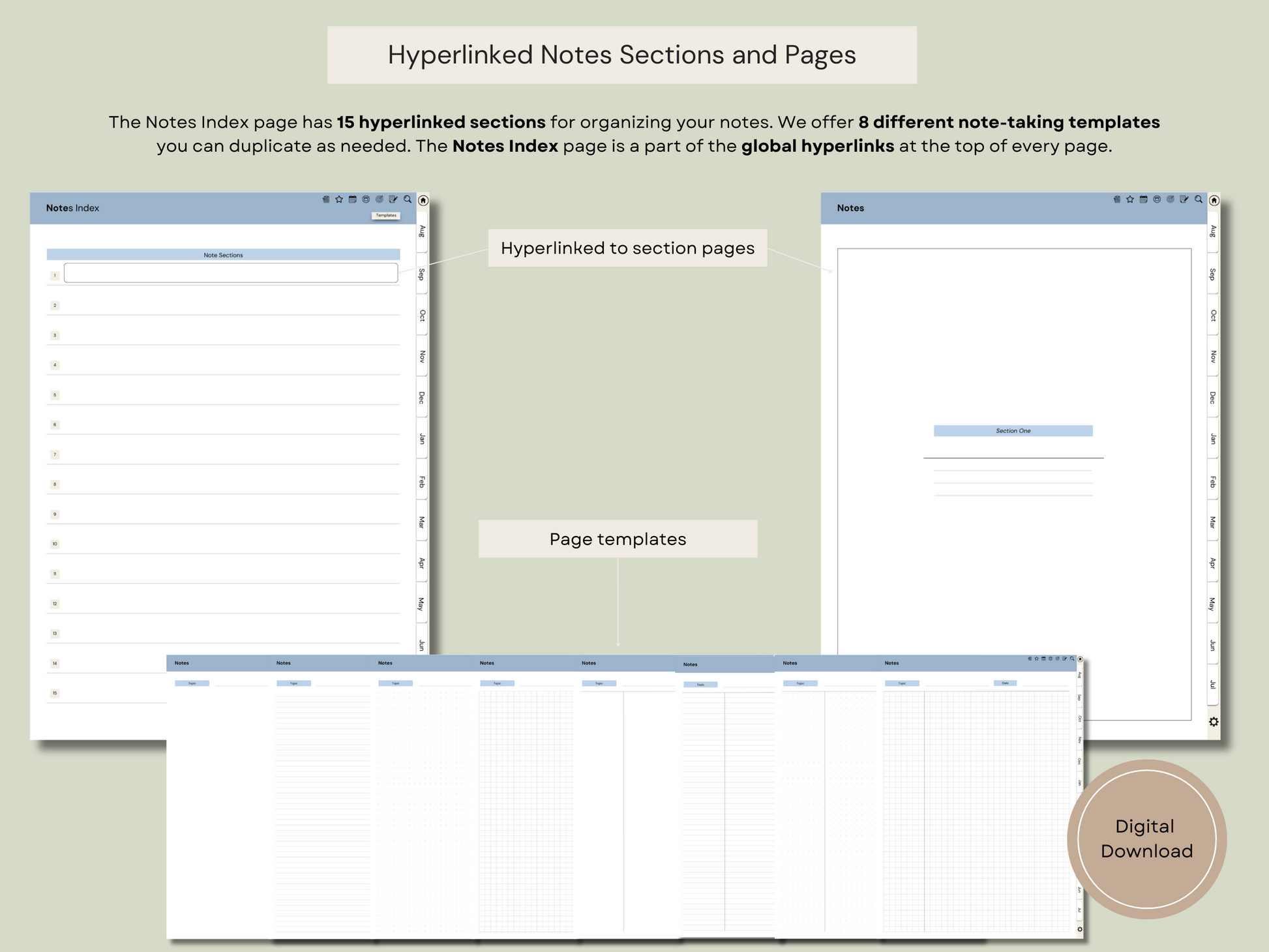 An explanation of how the notebook sections in the digital student planner PDF help you organize your class notes and ideas.