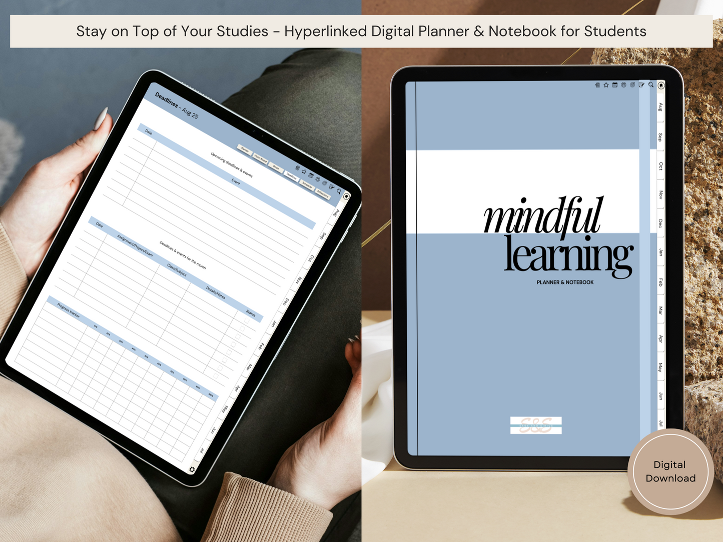 Two flat lay images showing the digital study planner for students with the monthly calendar page open and a stylus nearby.