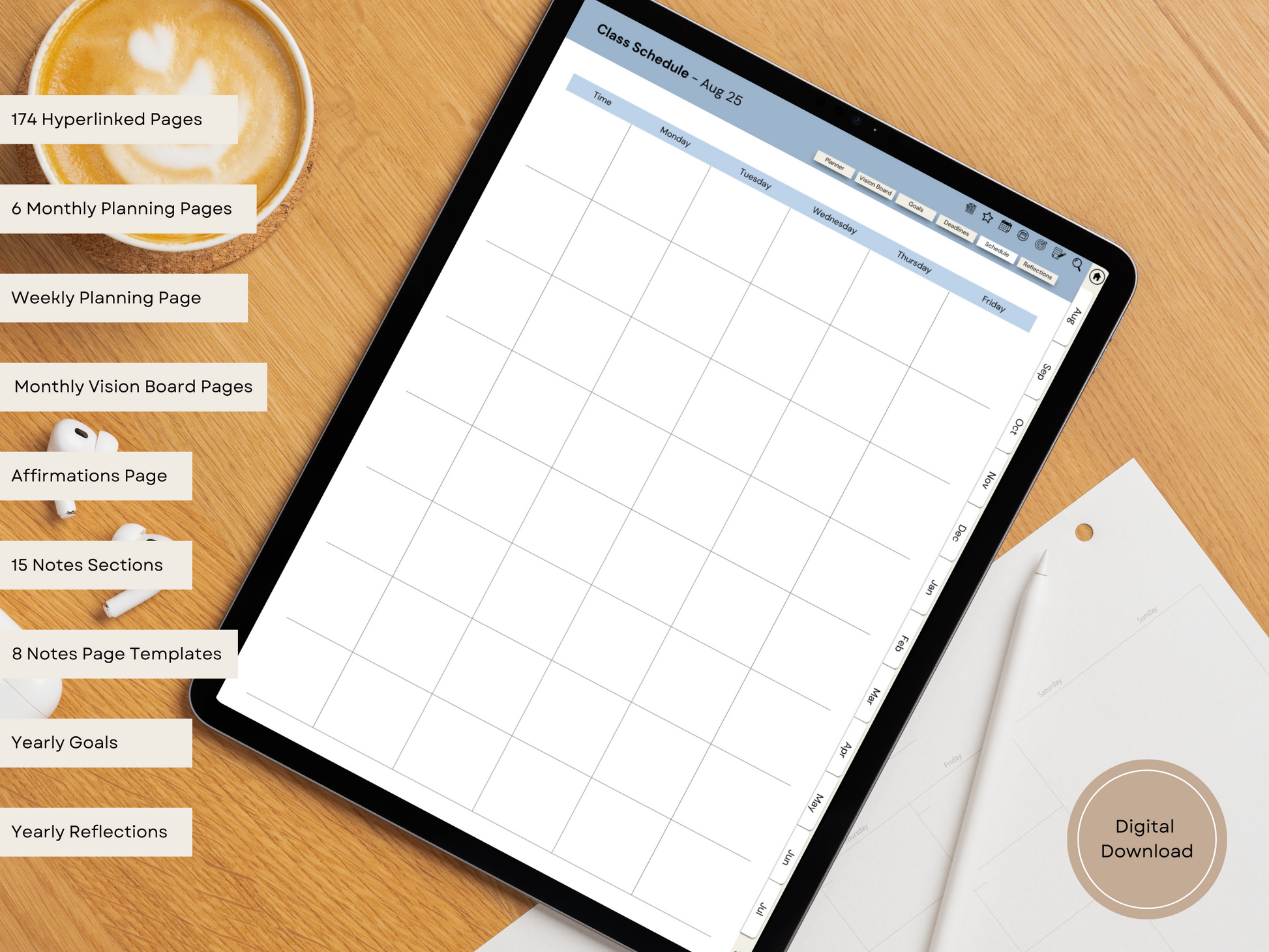 A shot of the student digital planner template opened on an iPad screen, surrounded by textbooks and stationery.